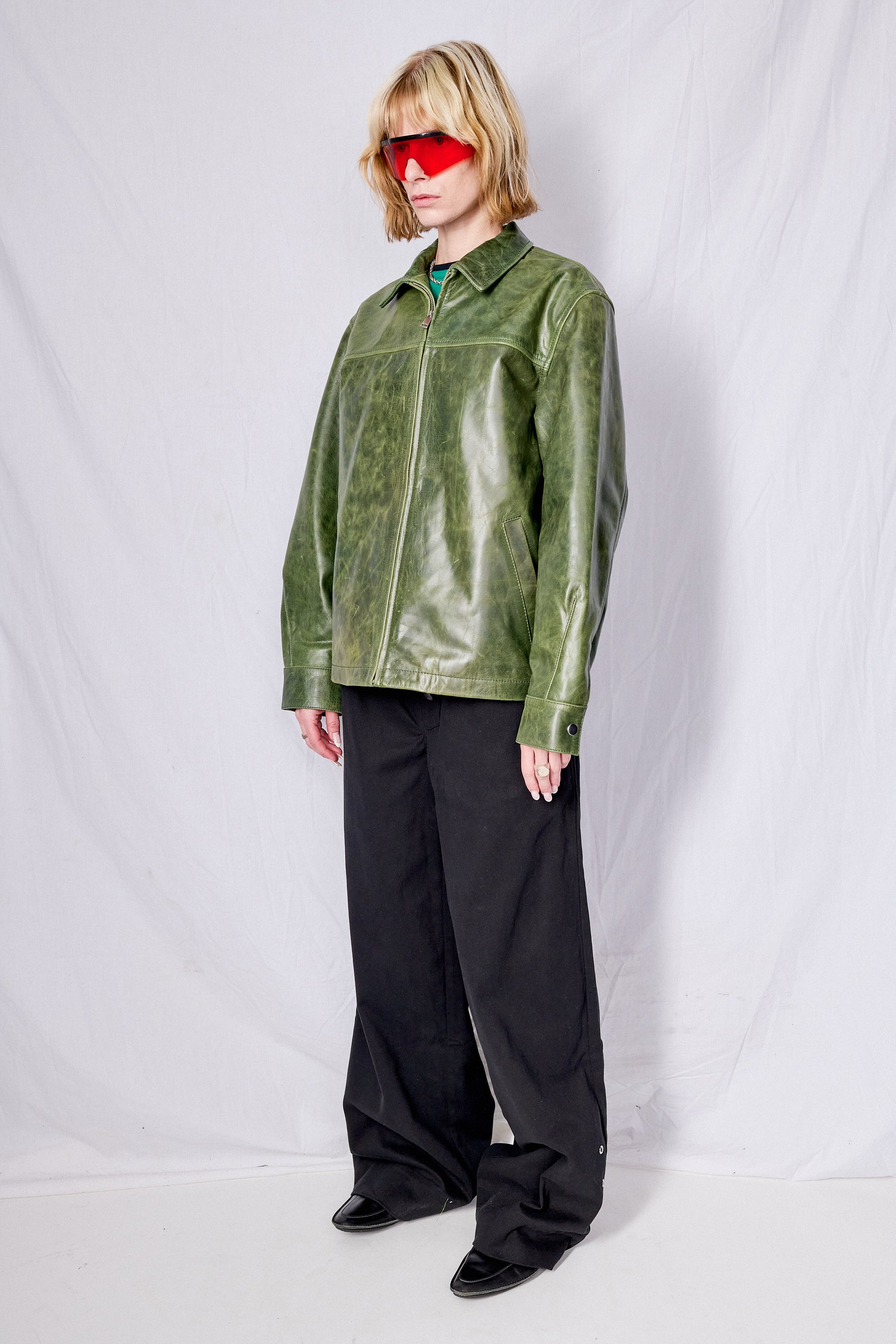 Green Crunch Leather Zip Jacket