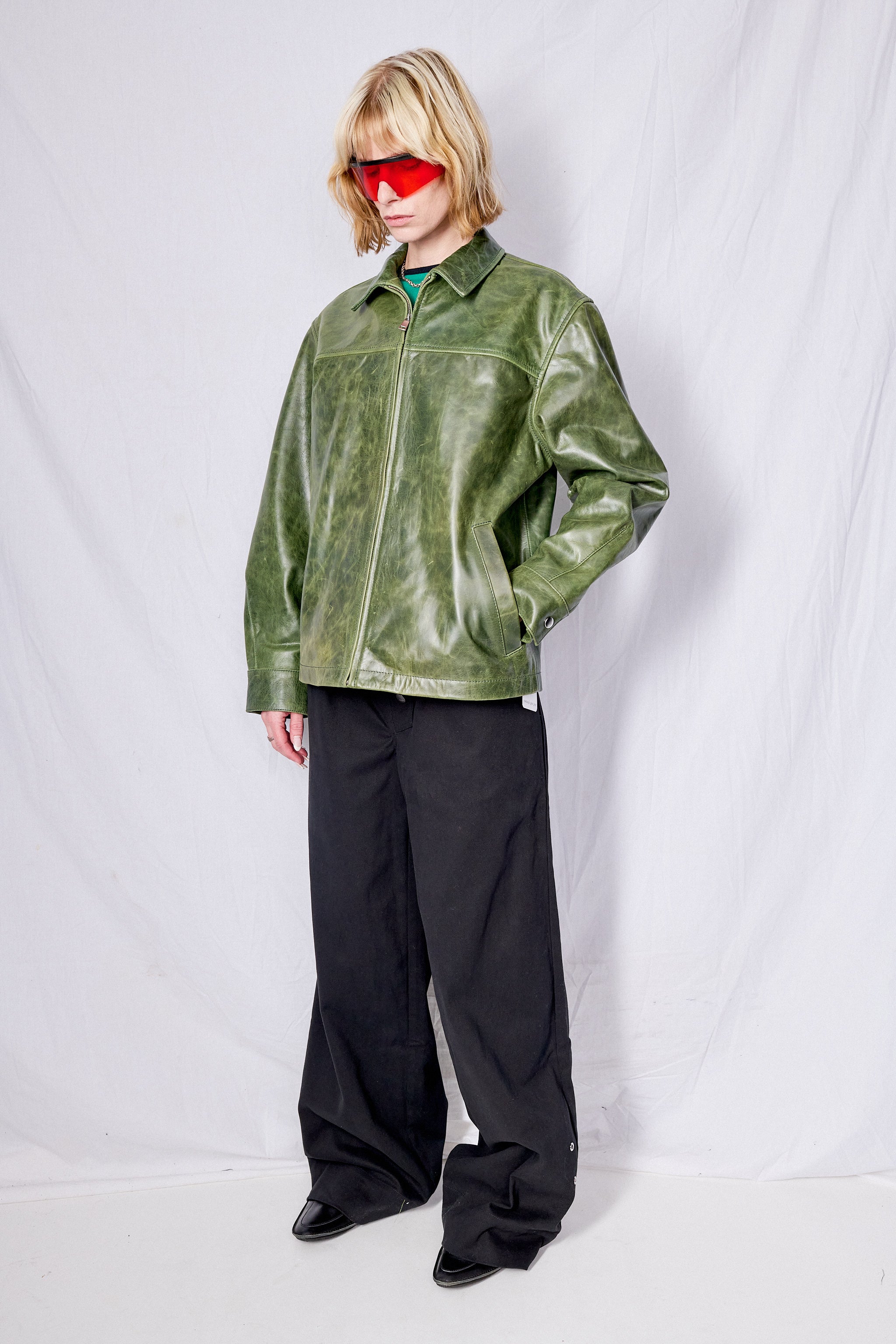 Green Crunch Leather Zip Jacket