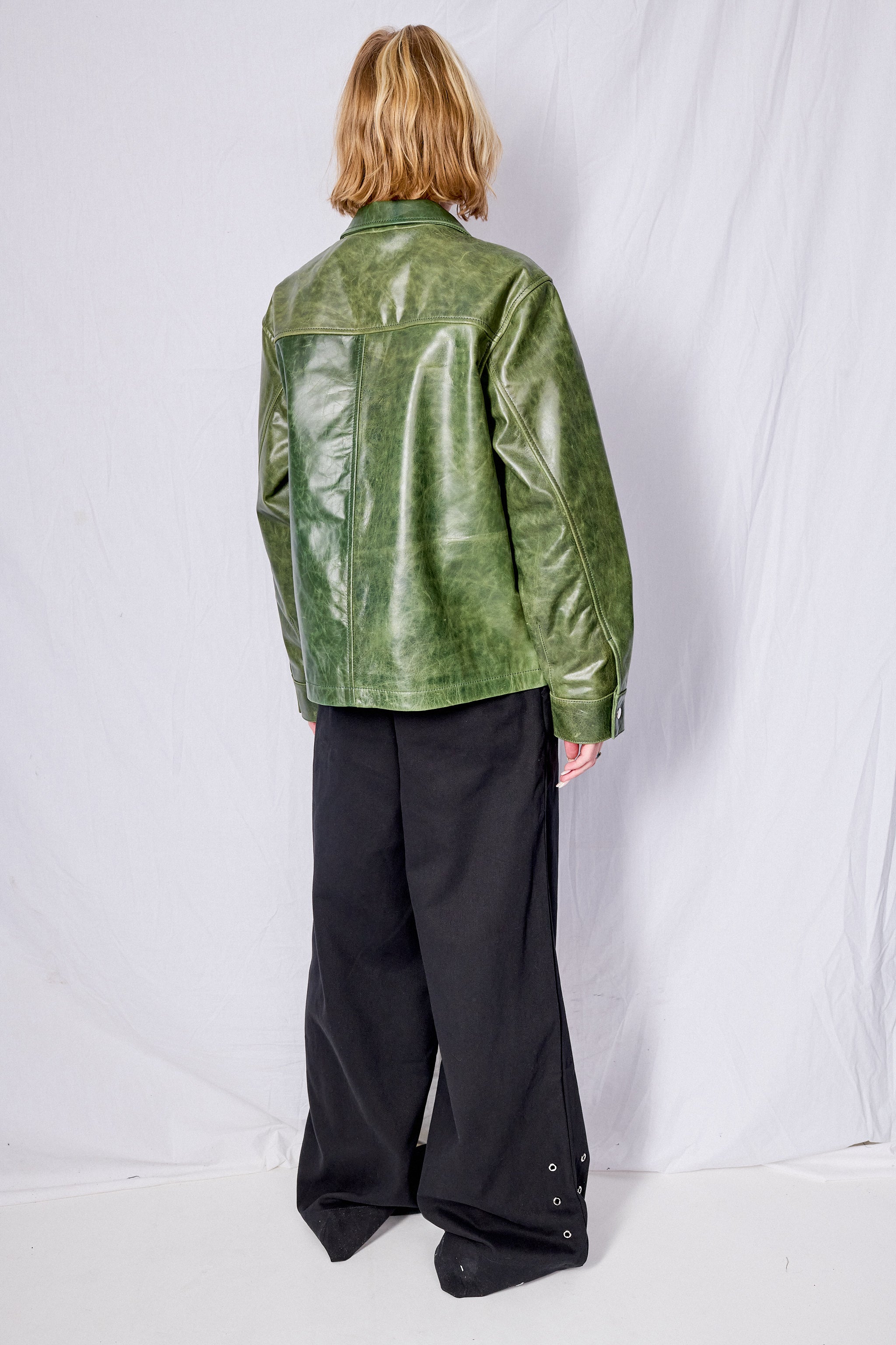 Green Crunch Leather Zip Jacket