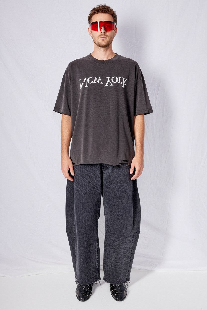 Washed Black Distressed Faded New York Logo T-Shirt