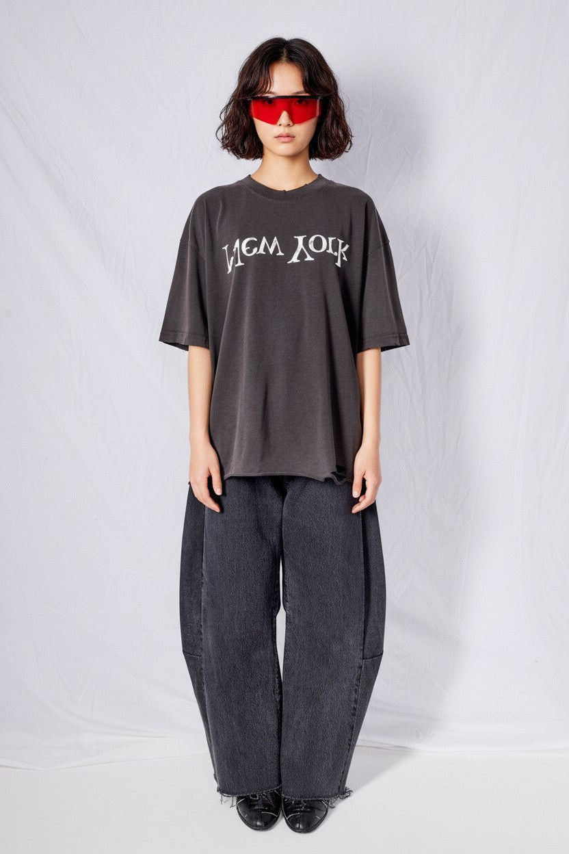 Washed Black Distressed Faded New York Logo T-Shirt