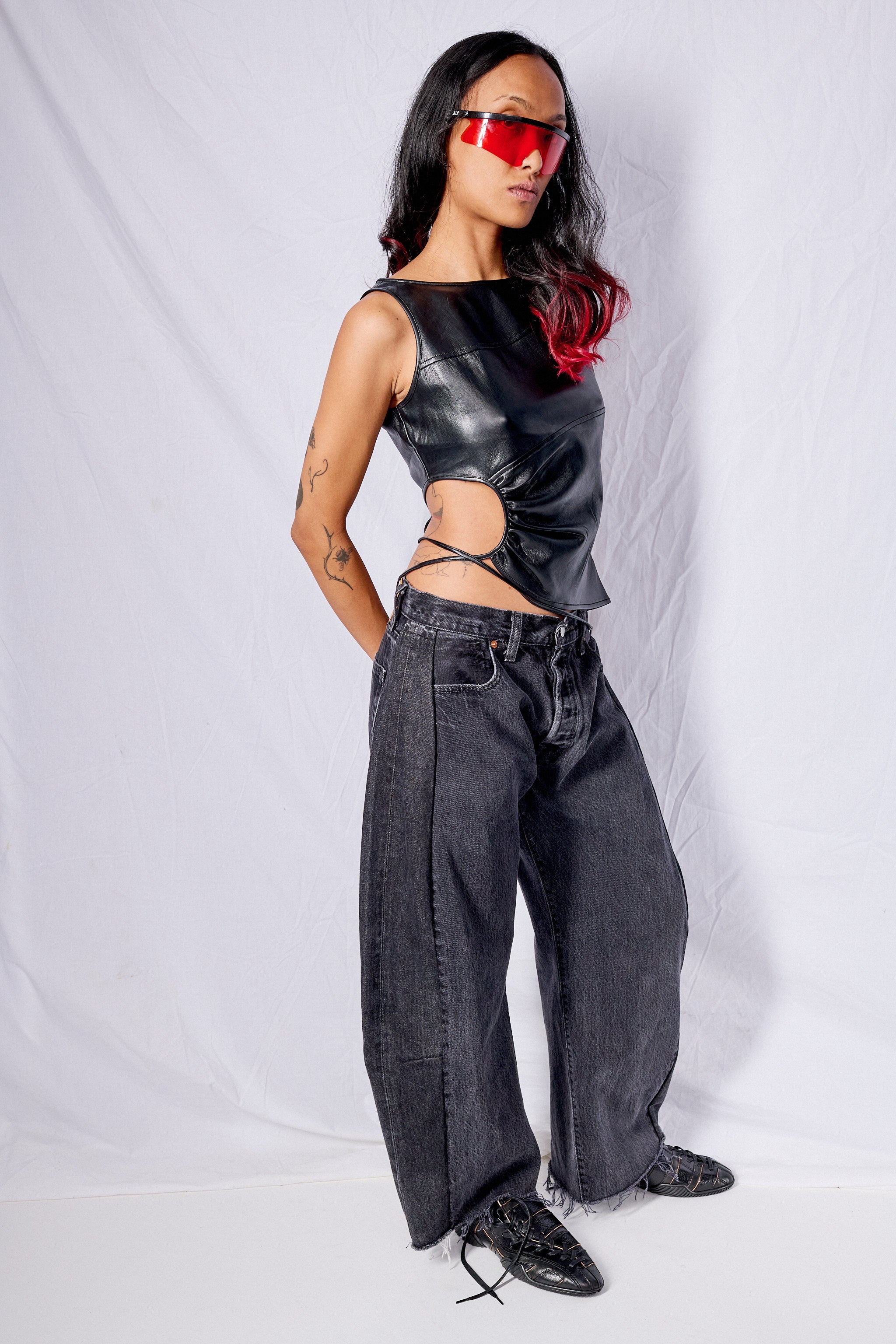 Black Vegan Leather Circled Top