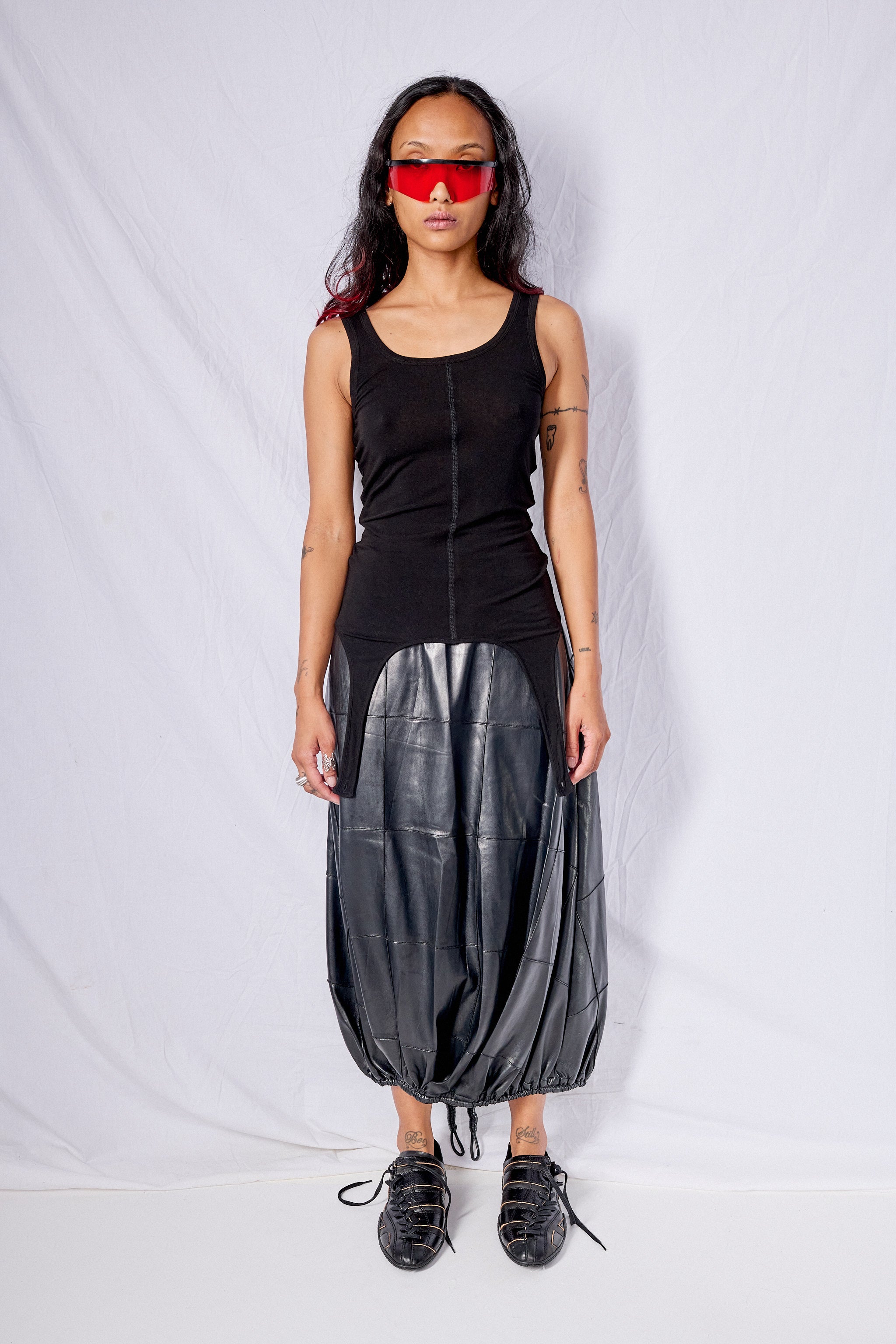 Black Vegan Leather Pintuck Shirred Bubble Skirt