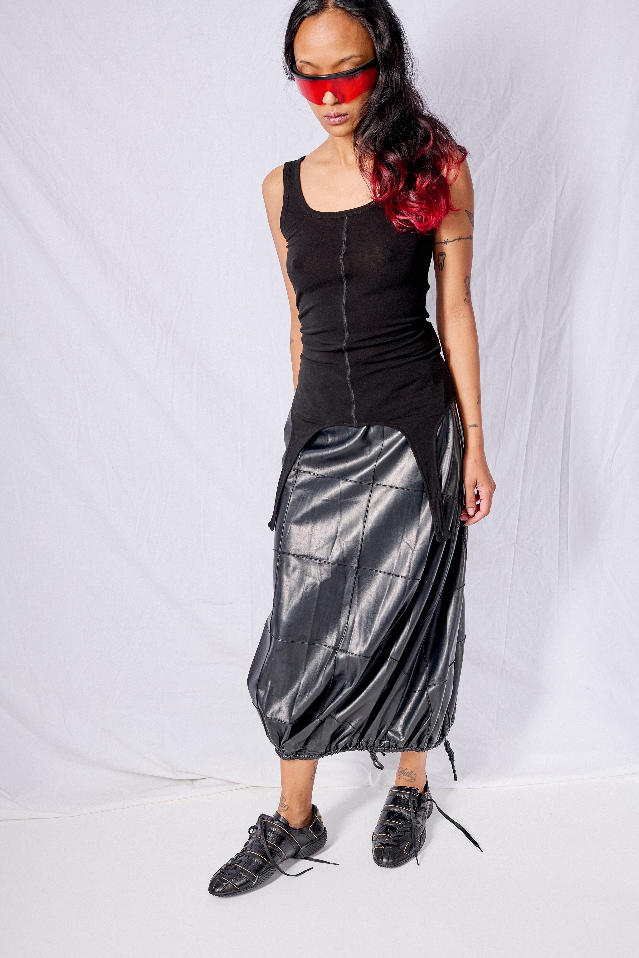Black Vegan Leather Pintuck Shirred Bubble Skirt