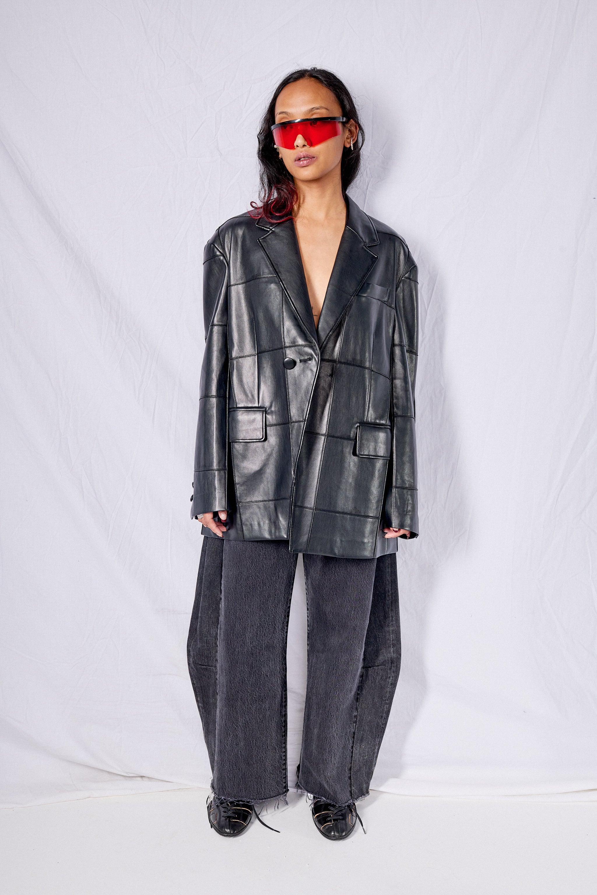 Black Vegan Leather Pintuck Asymmetric Blazer