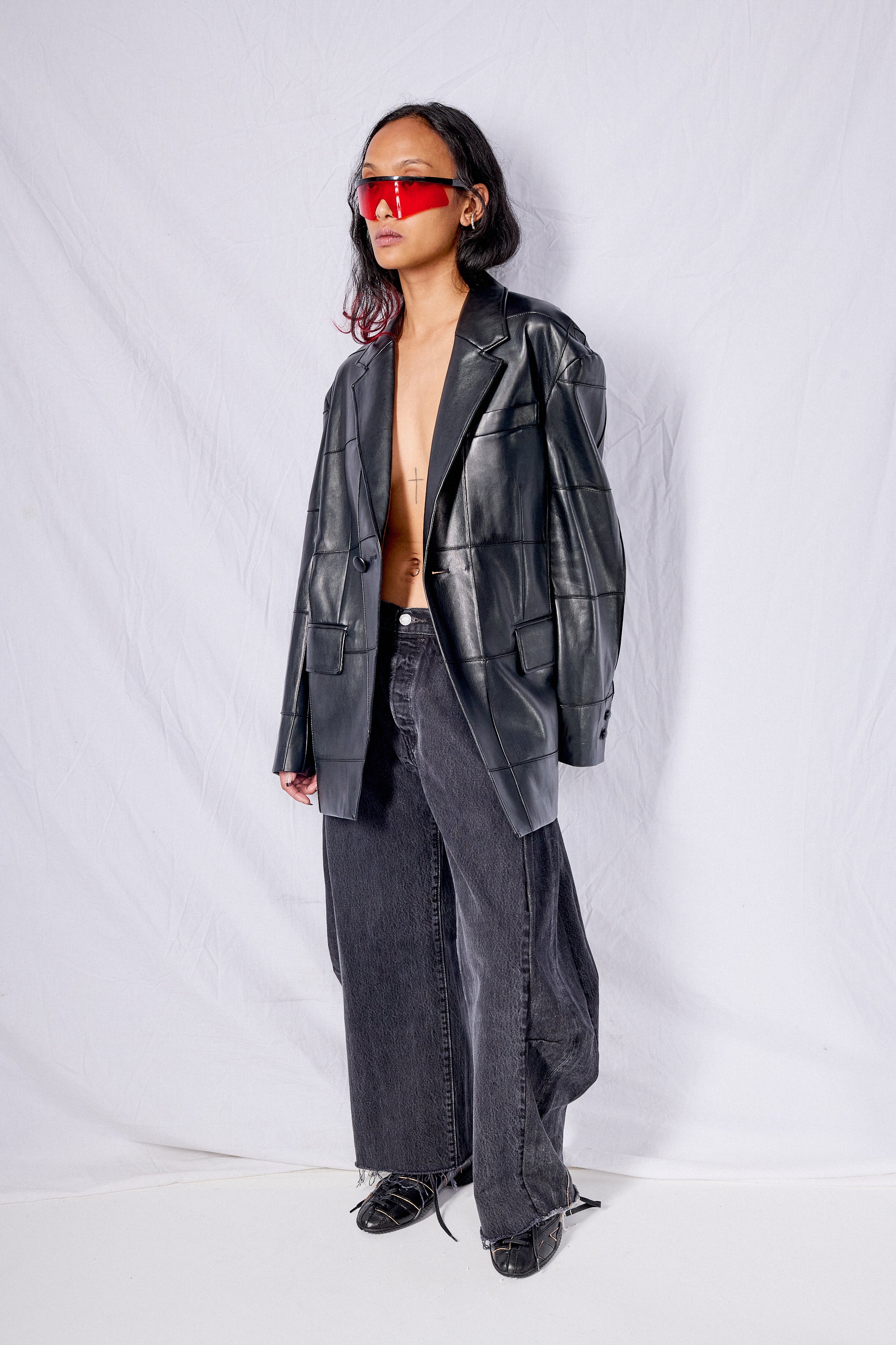 Black Vegan Leather Pintuck Asymmetric Blazer