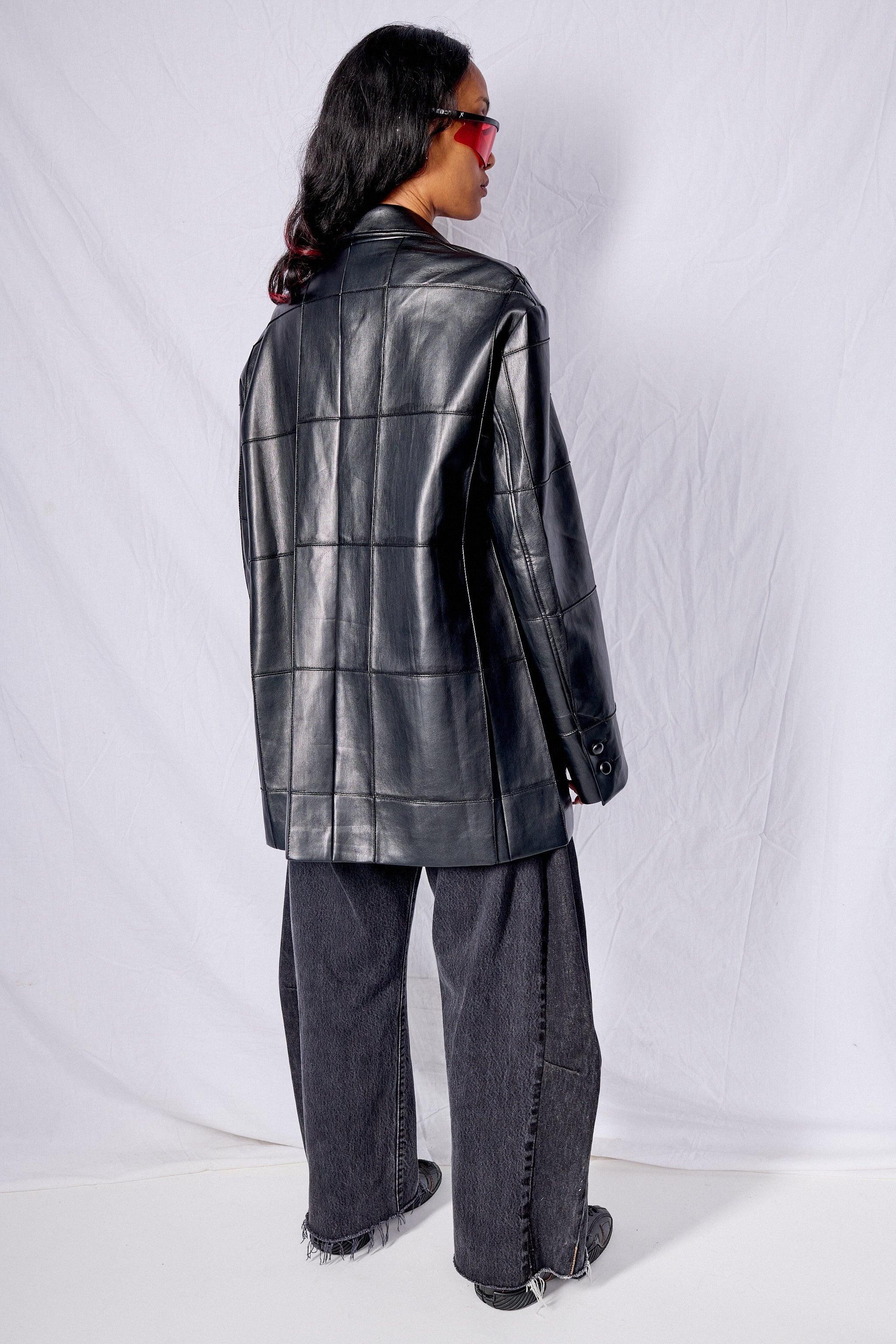 Black Vegan Leather Pintuck Asymmetric Blazer