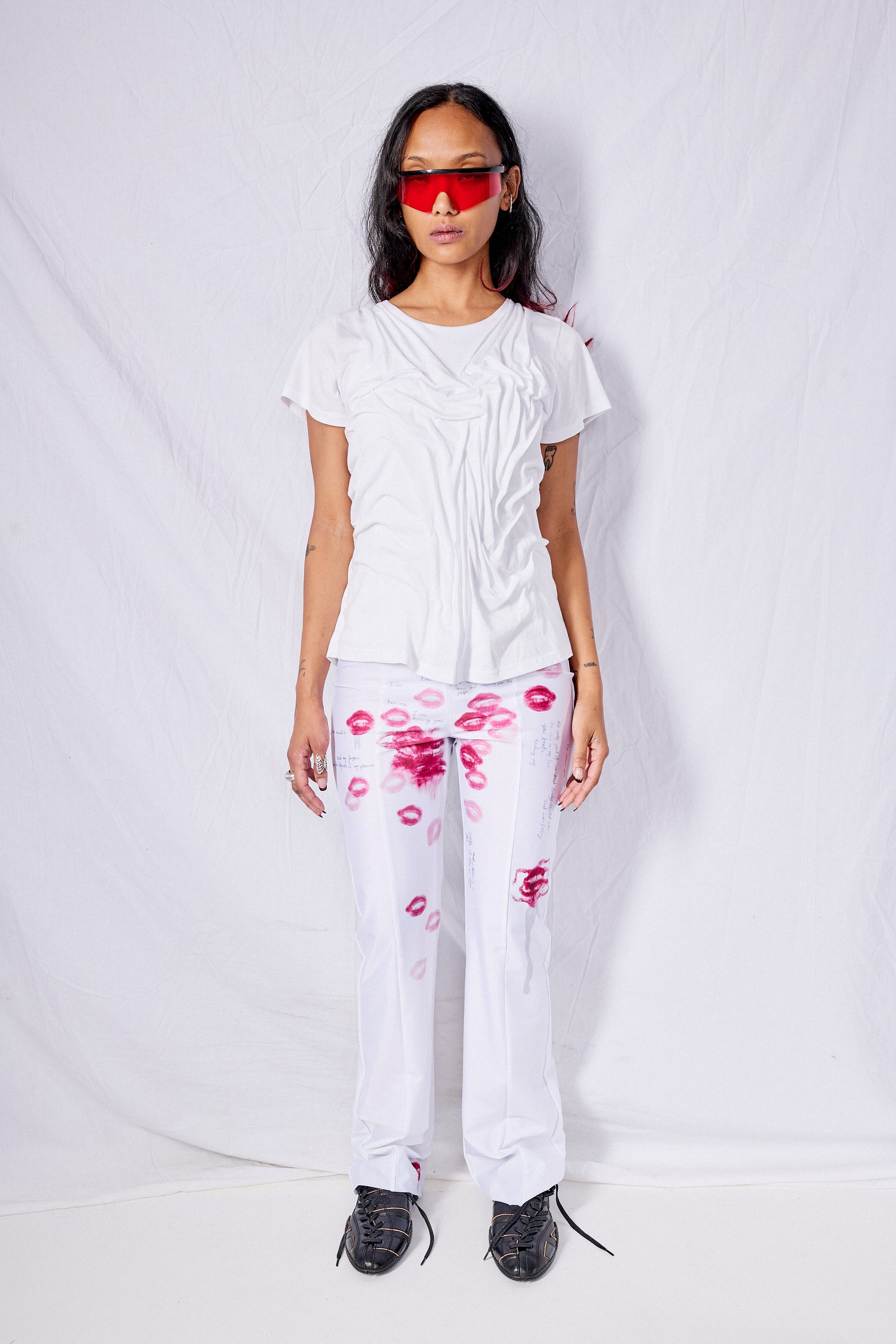 White Wetlook Draped Cotton Shirt