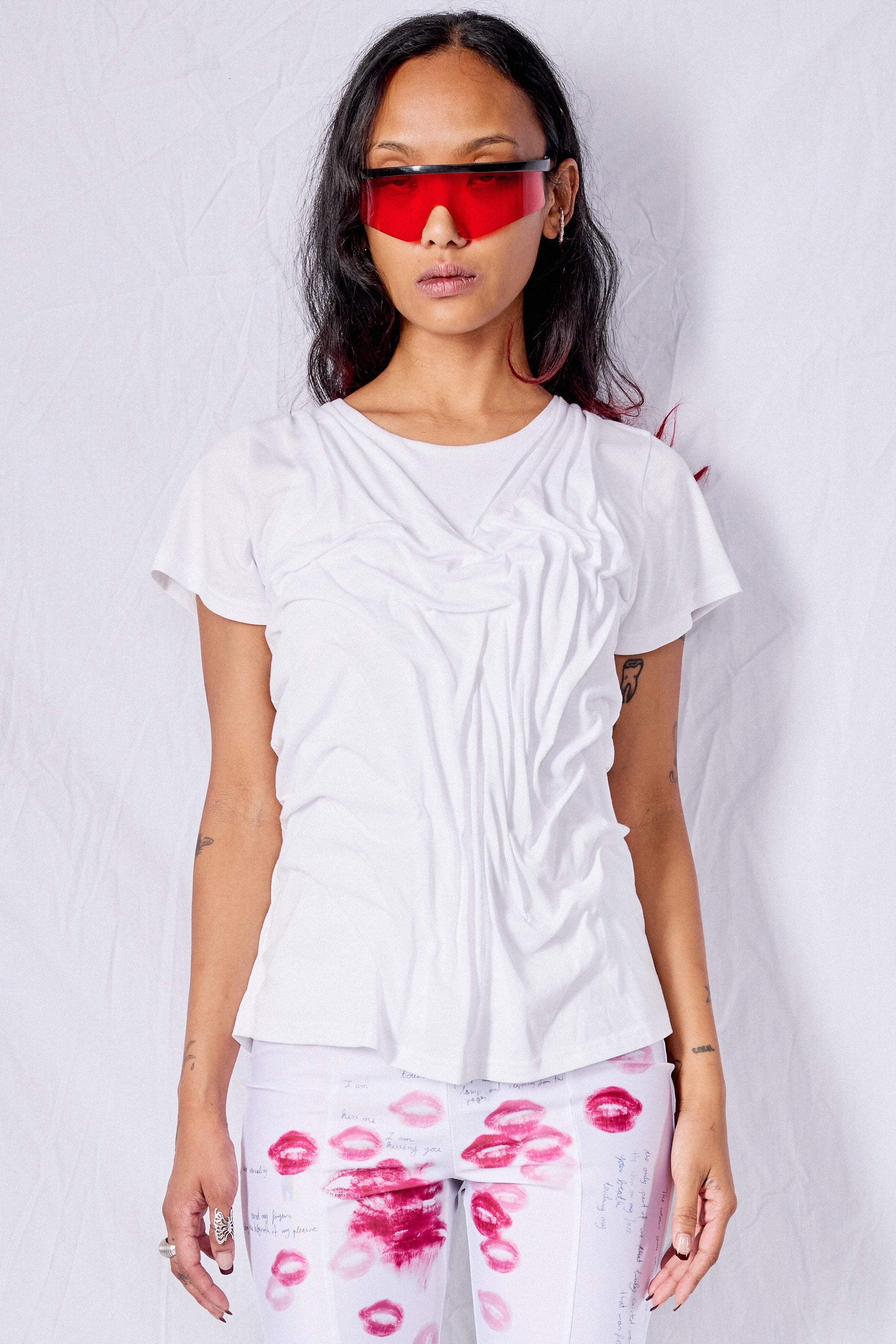 White Wetlook Draped Cotton Shirt