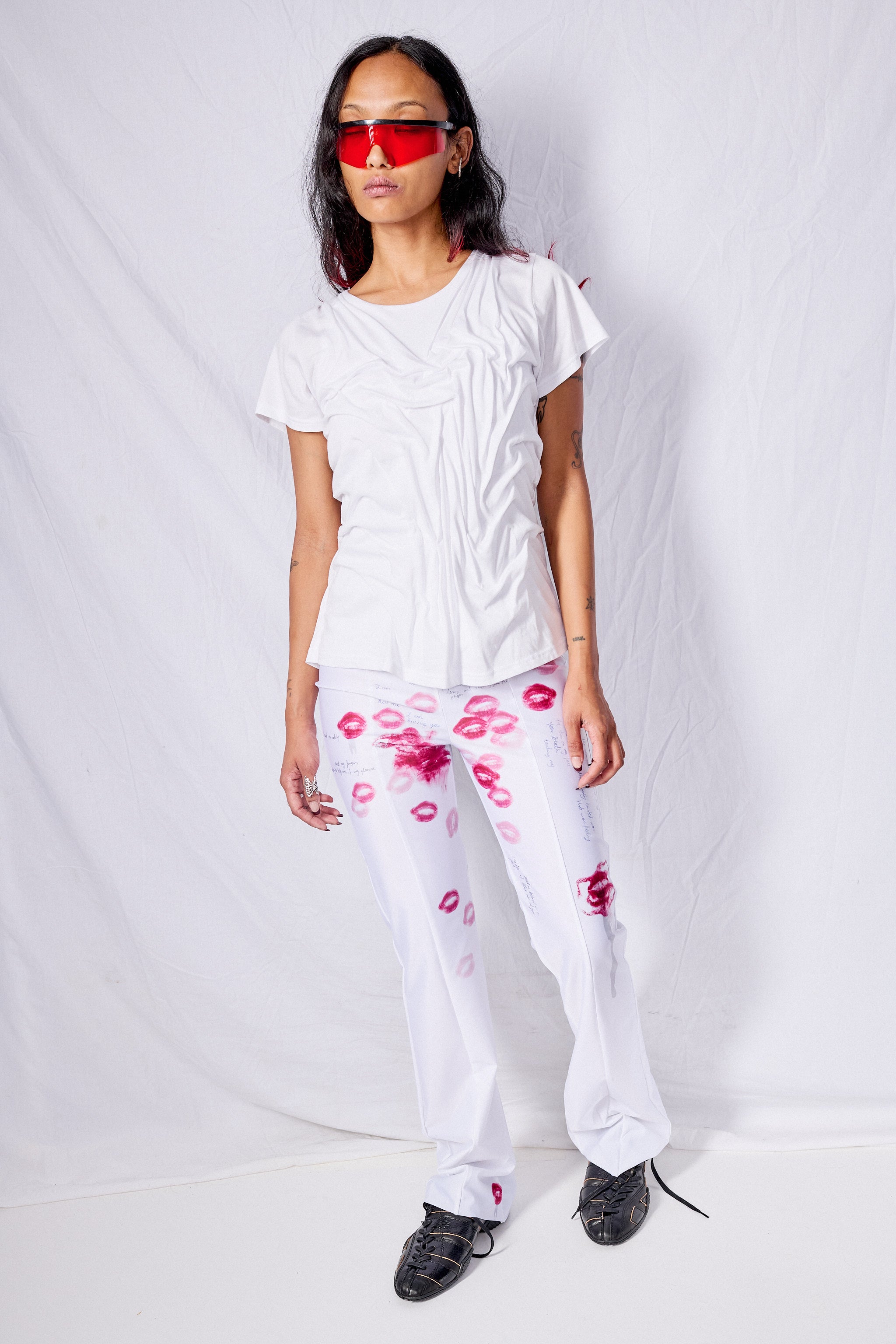 White Wetlook Draped Cotton Shirt