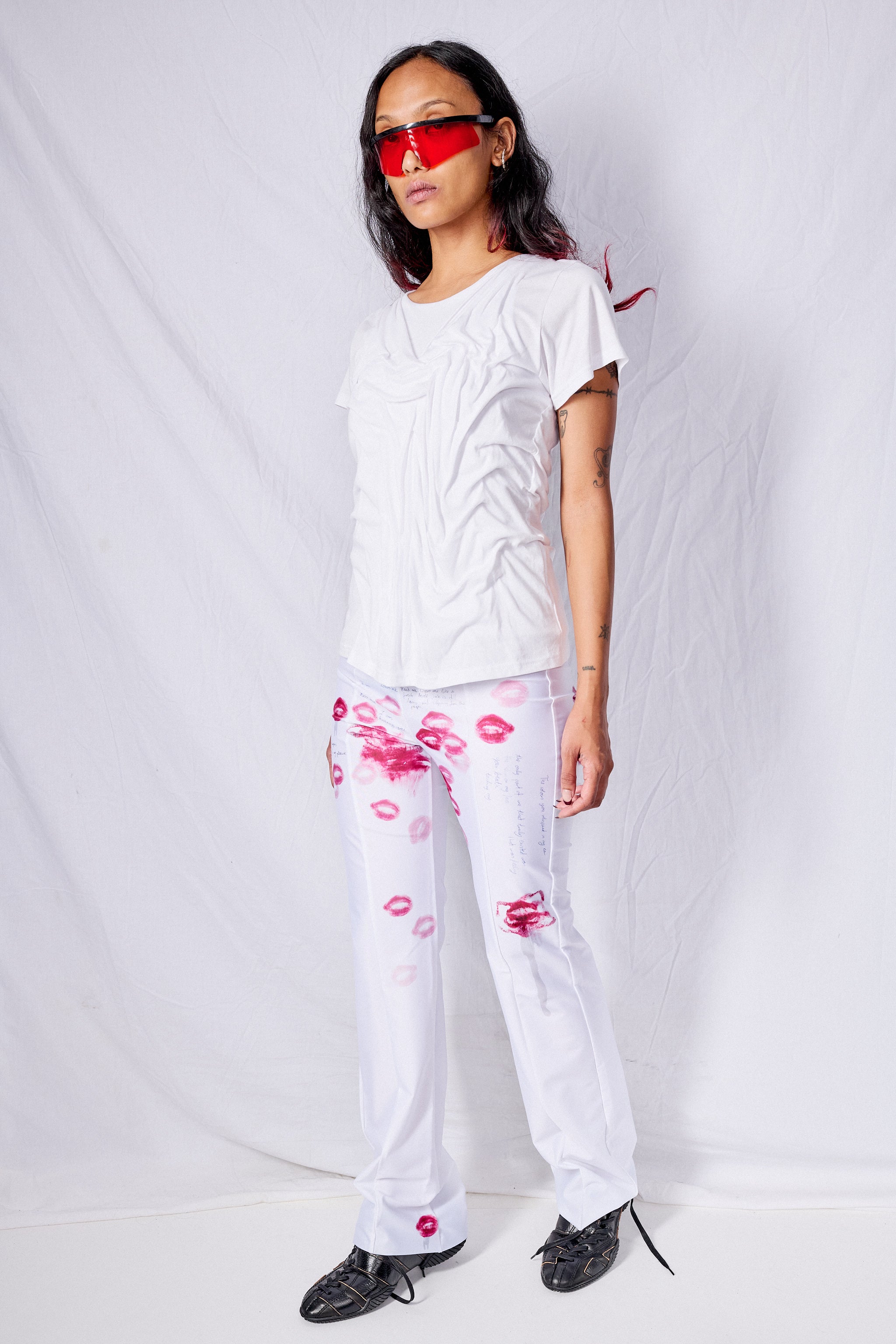 White Wetlook Draped Cotton Shirt