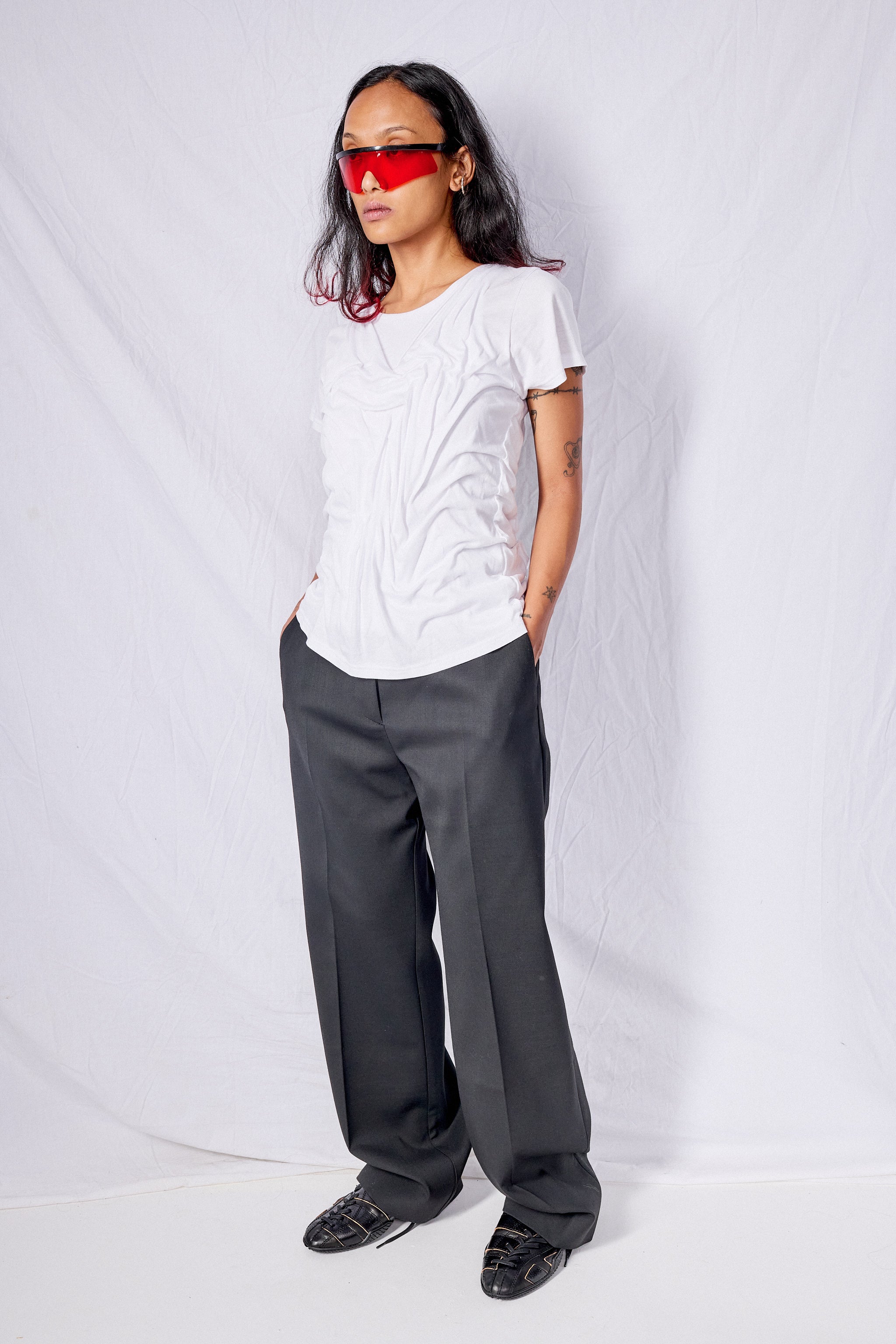 White Wetlook Draped Cotton Shirt