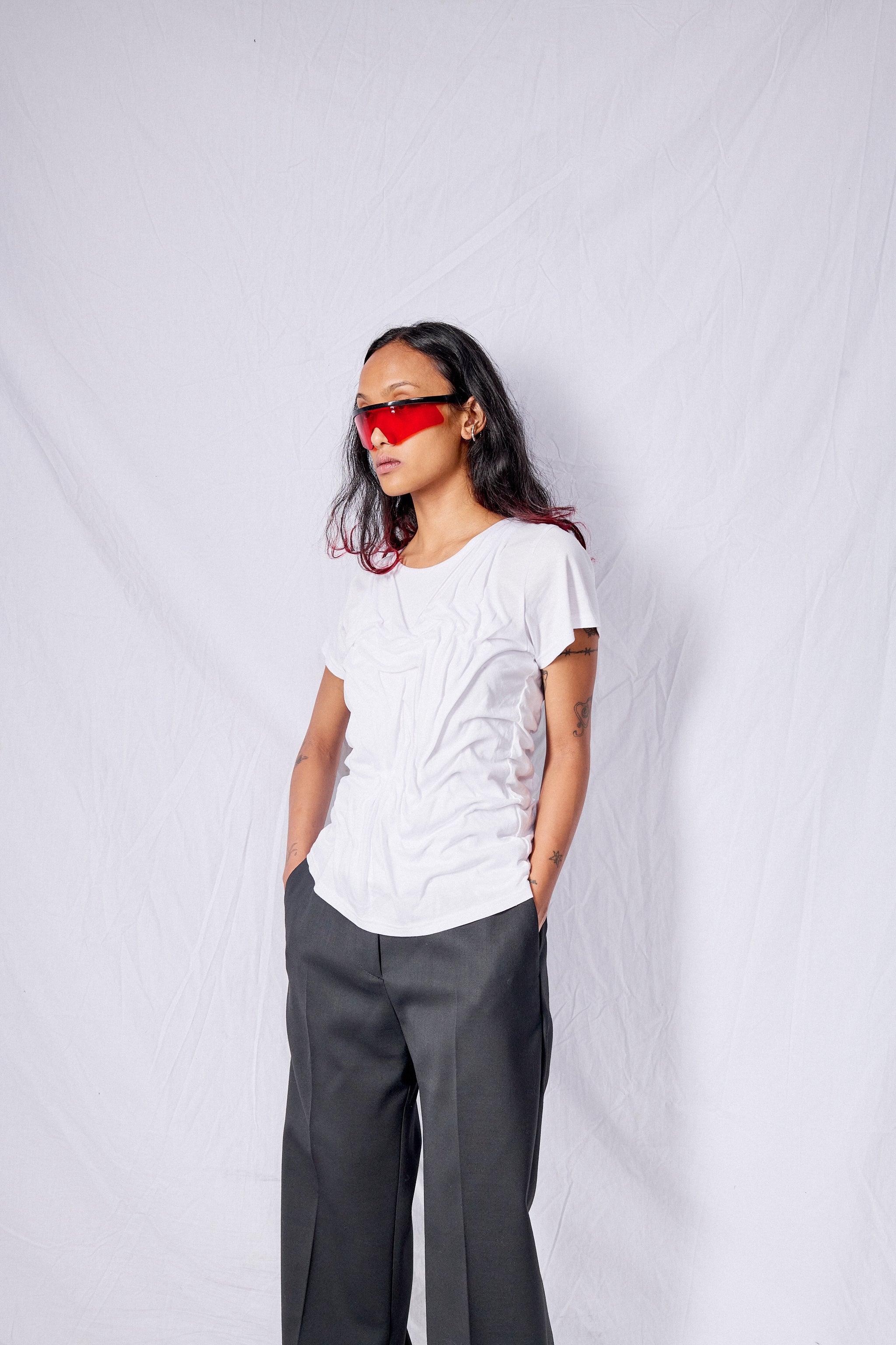 White Wetlook Draped Cotton Shirt