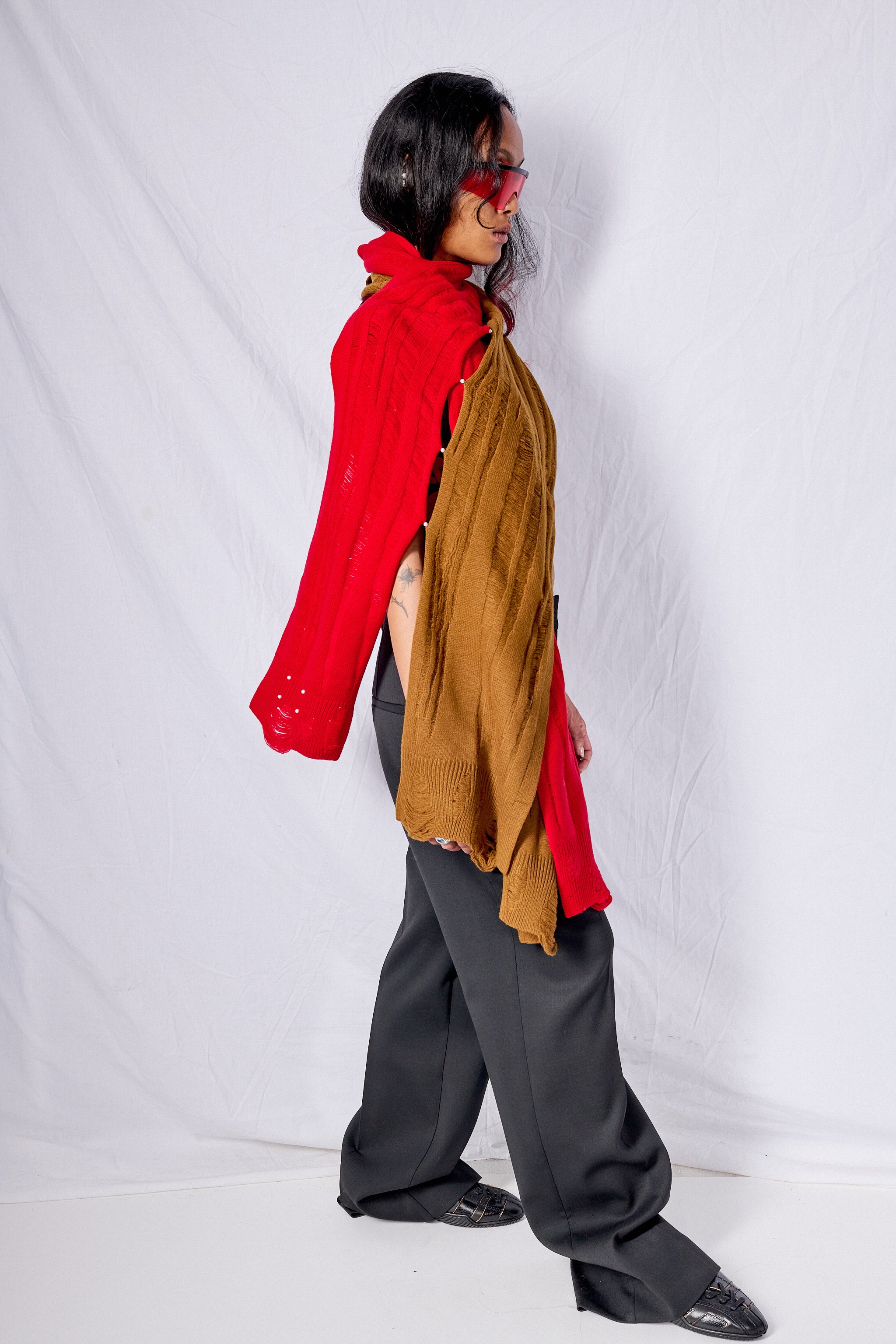 Smoke/Camel Rose Laddering Wool Patchwork Scarf