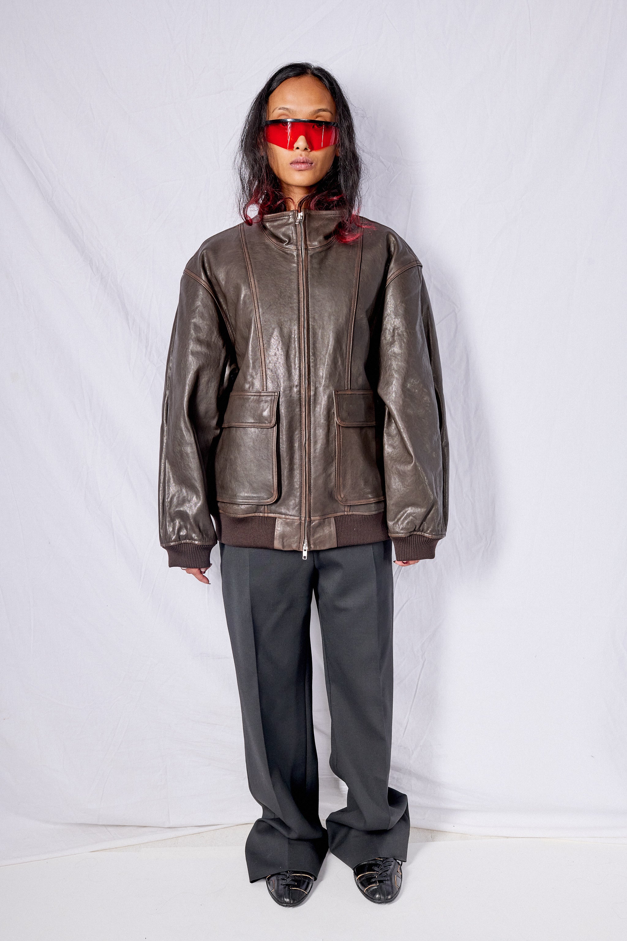Dark Brown Unisex Stand Collared Leather Blouson