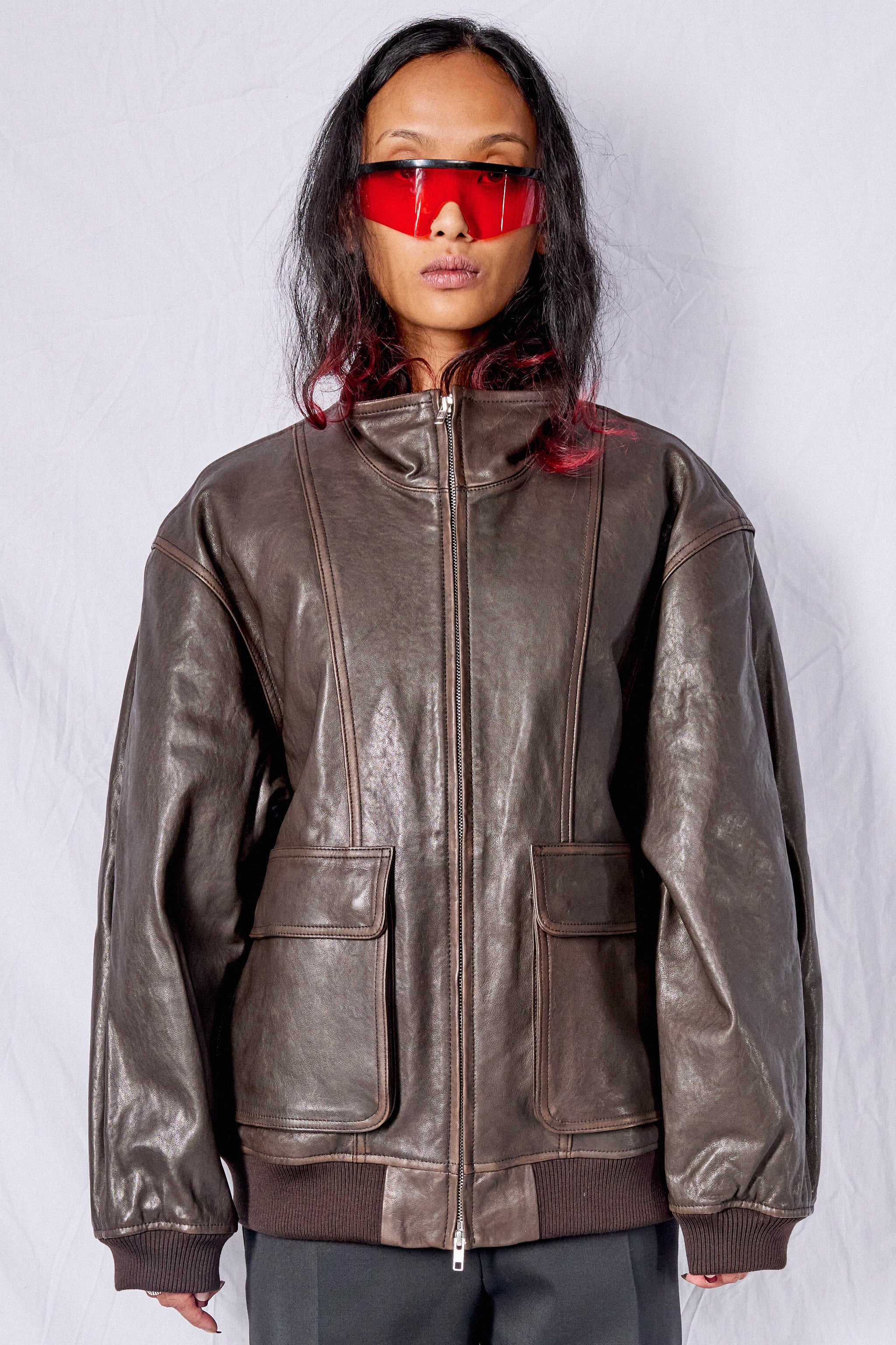 Dark Brown Unisex Stand Collared Leather Blouson - Dunst