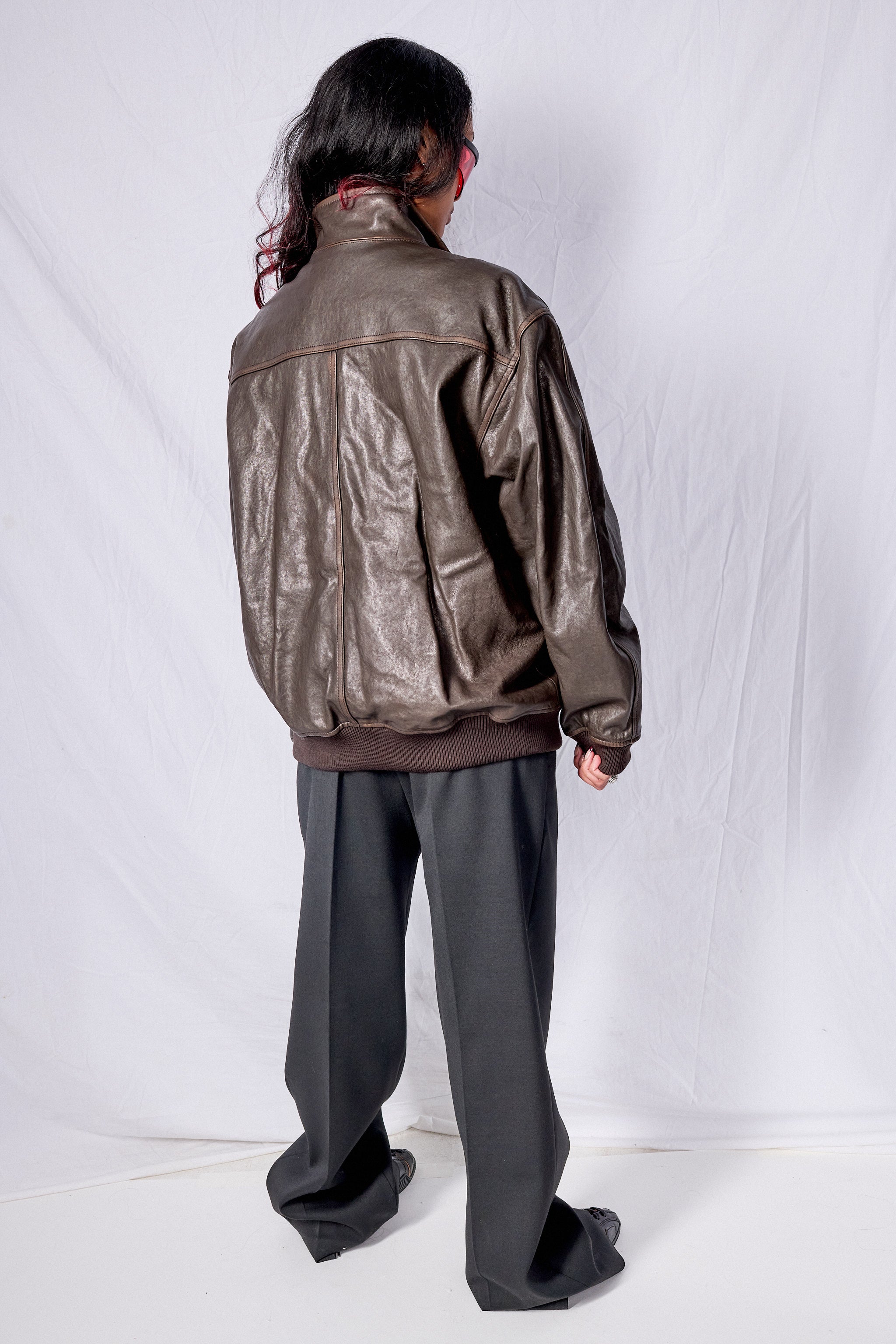 Dark Brown Unisex Stand Collared Leather Blouson