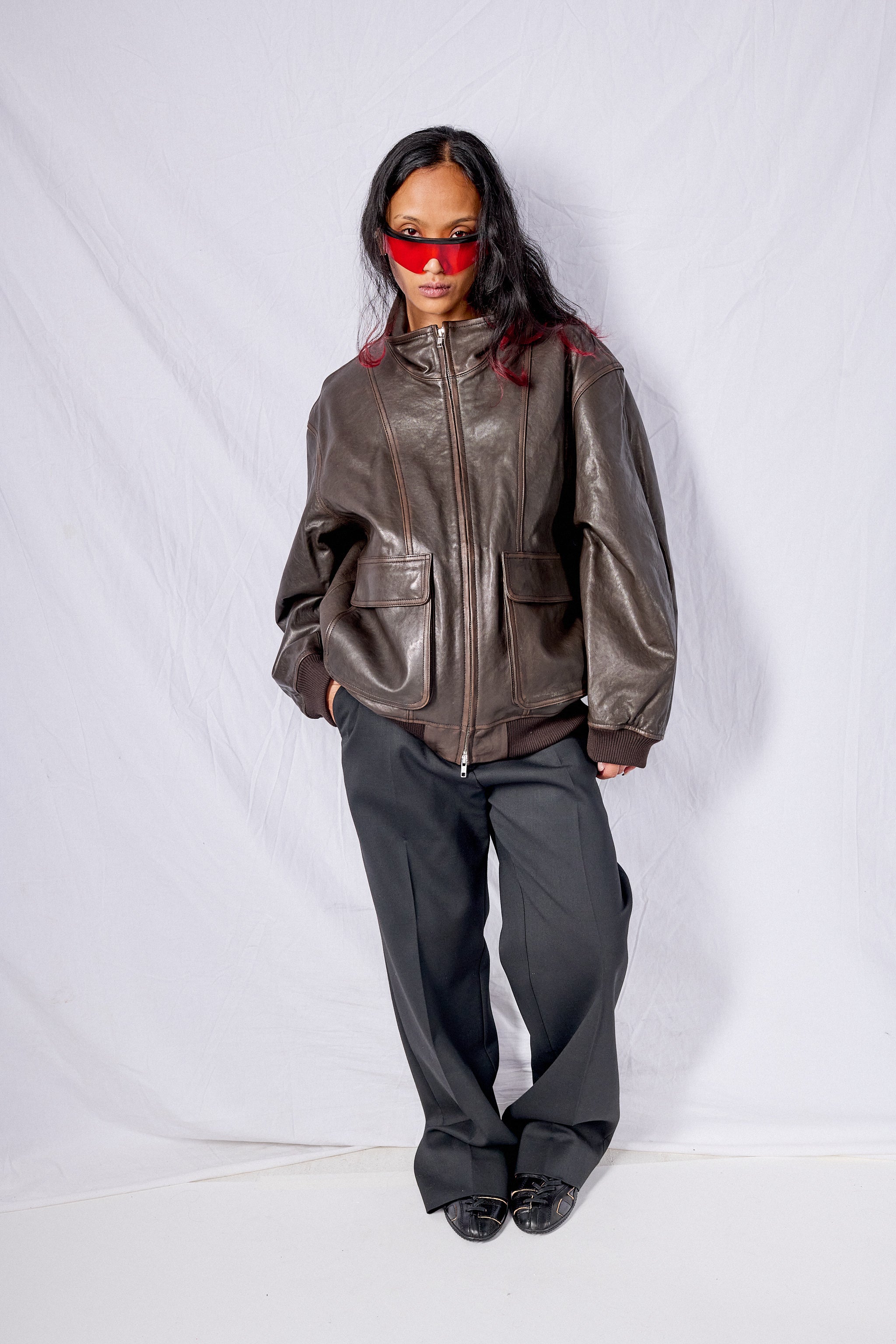 Dark Brown Unisex Stand Collared Leather Blouson