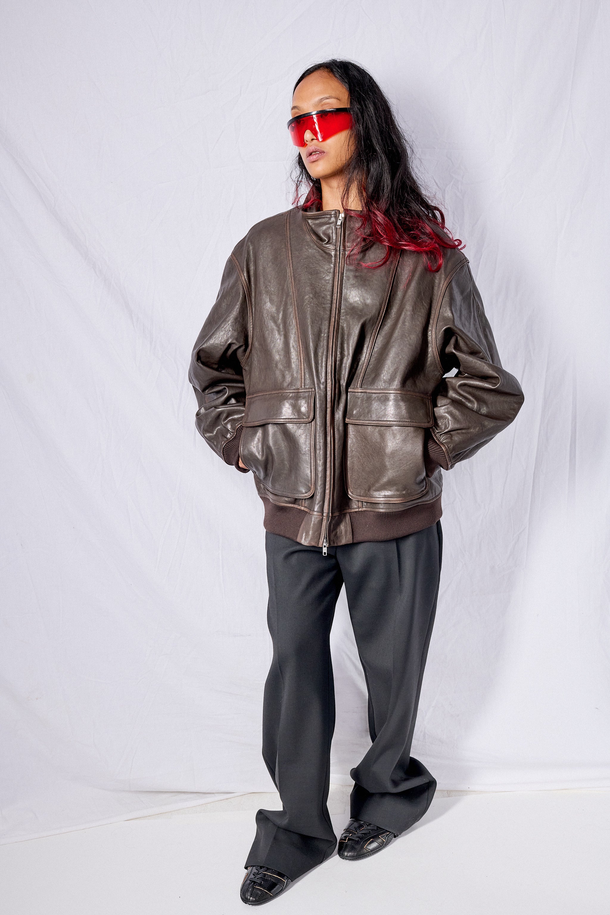 Dark Brown Unisex Stand Collared Leather Blouson