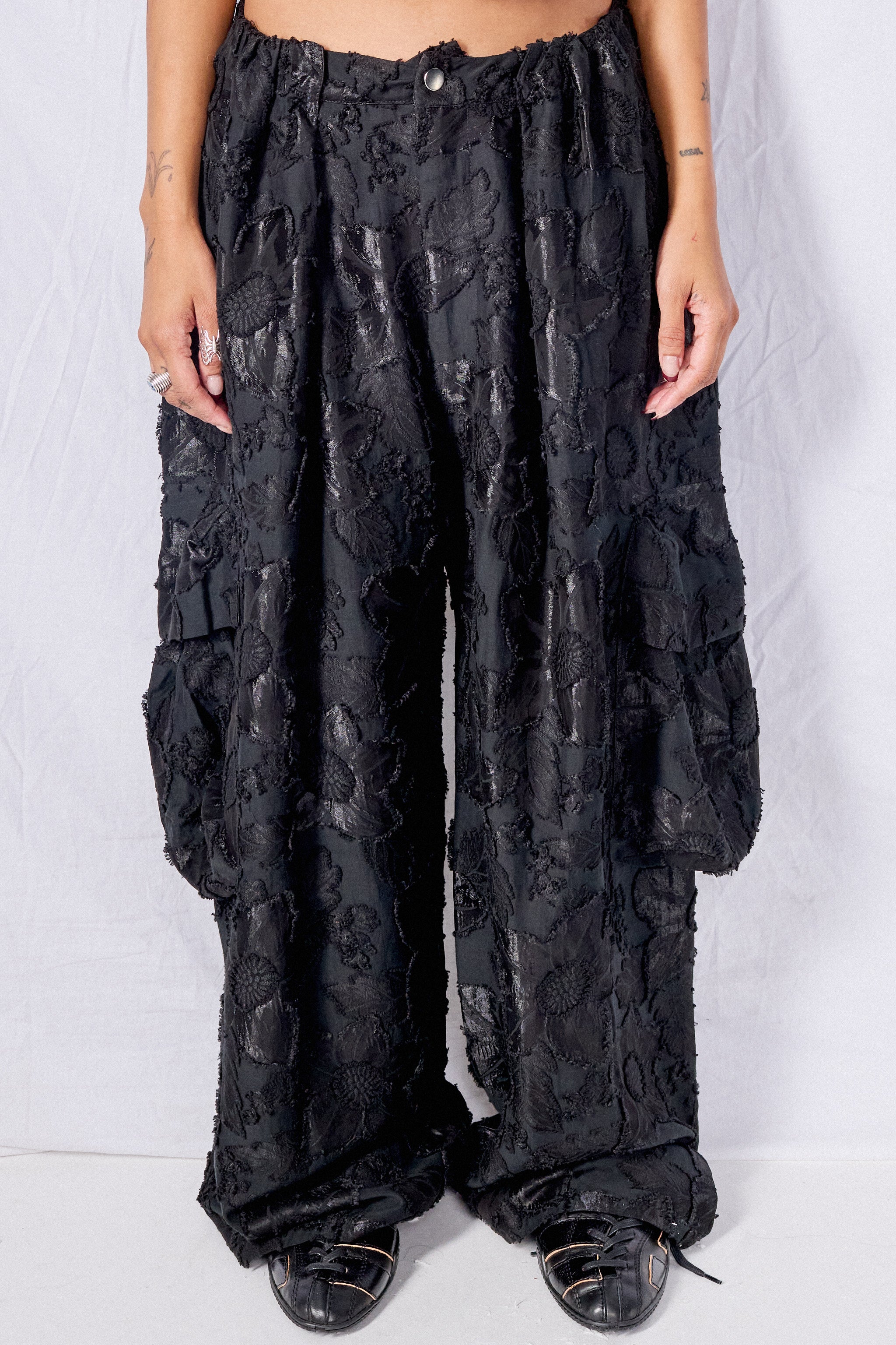 Black Jacquard Pleated Cargo Pant
