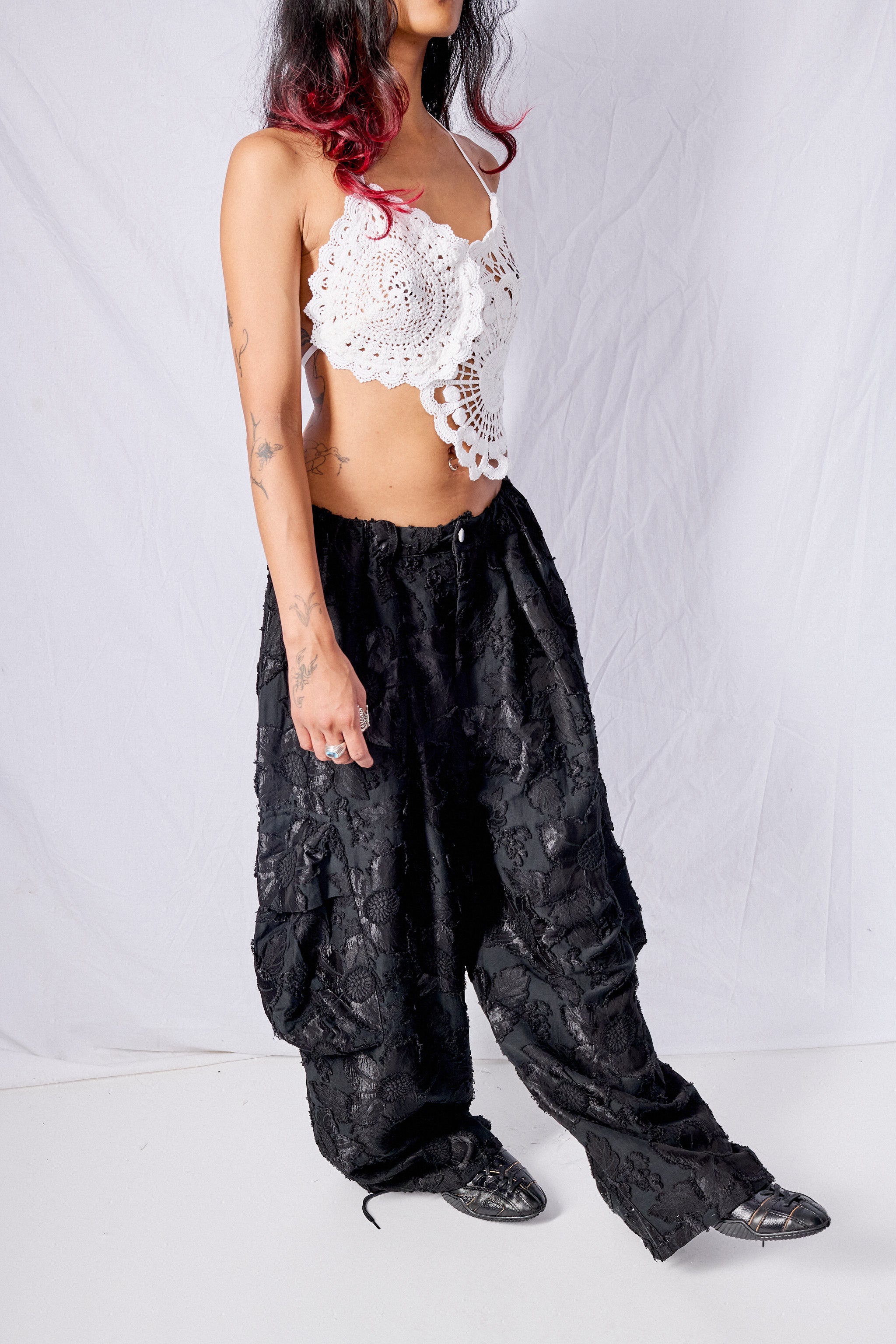 Black Jacquard Pleated Cargo Pant
