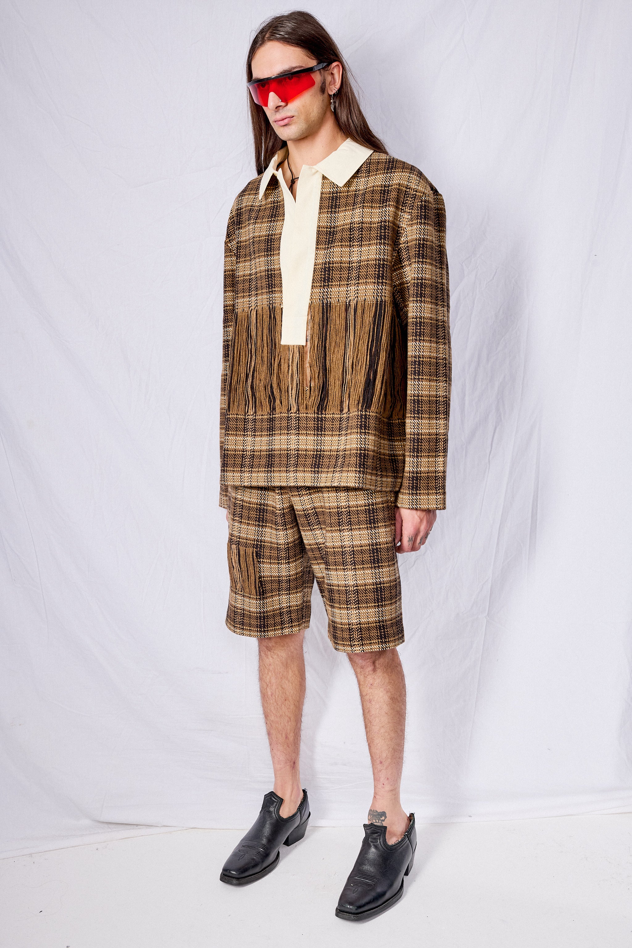 Brown Check Woven Rugby Jersey