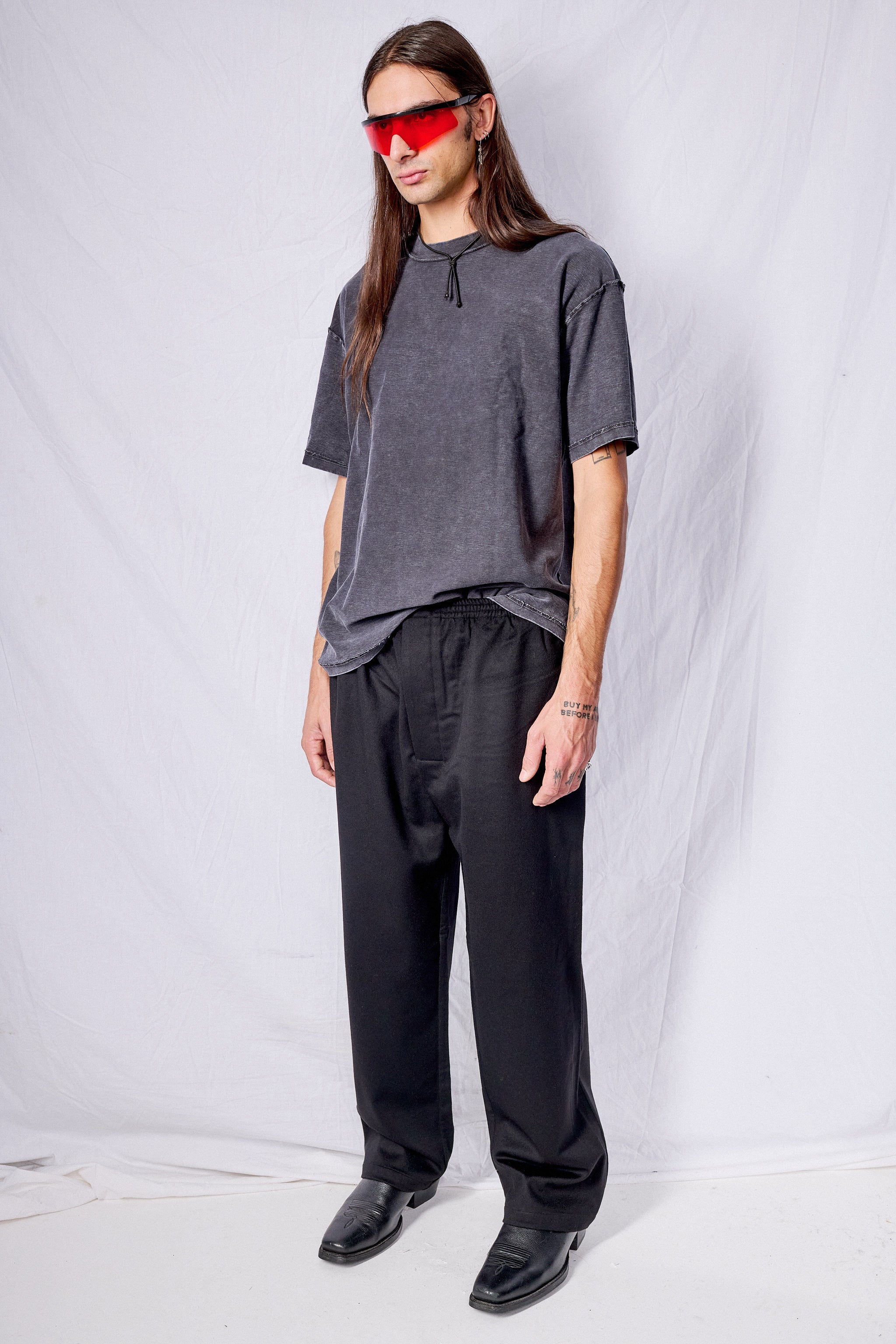 No.123 Black Merino Wool Gathered Trousers