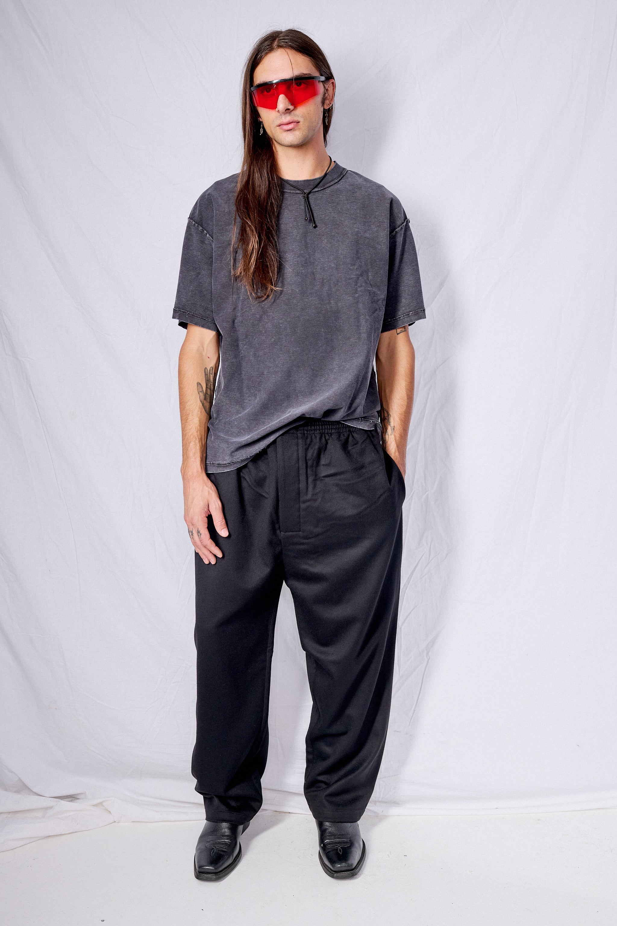 No.123 Black Merino Wool Gathered Trousers