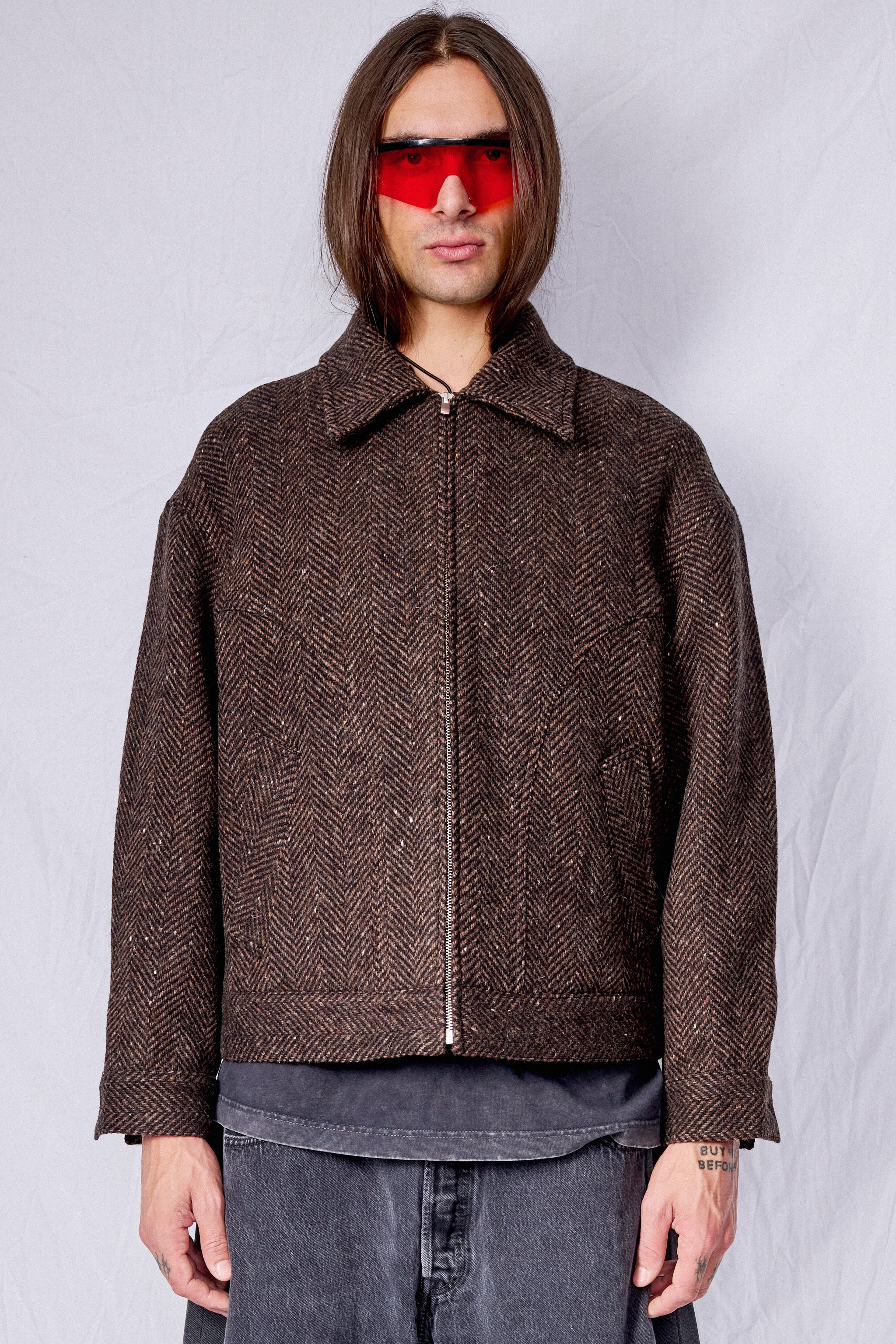 Brown Herringbone Zip Jacket