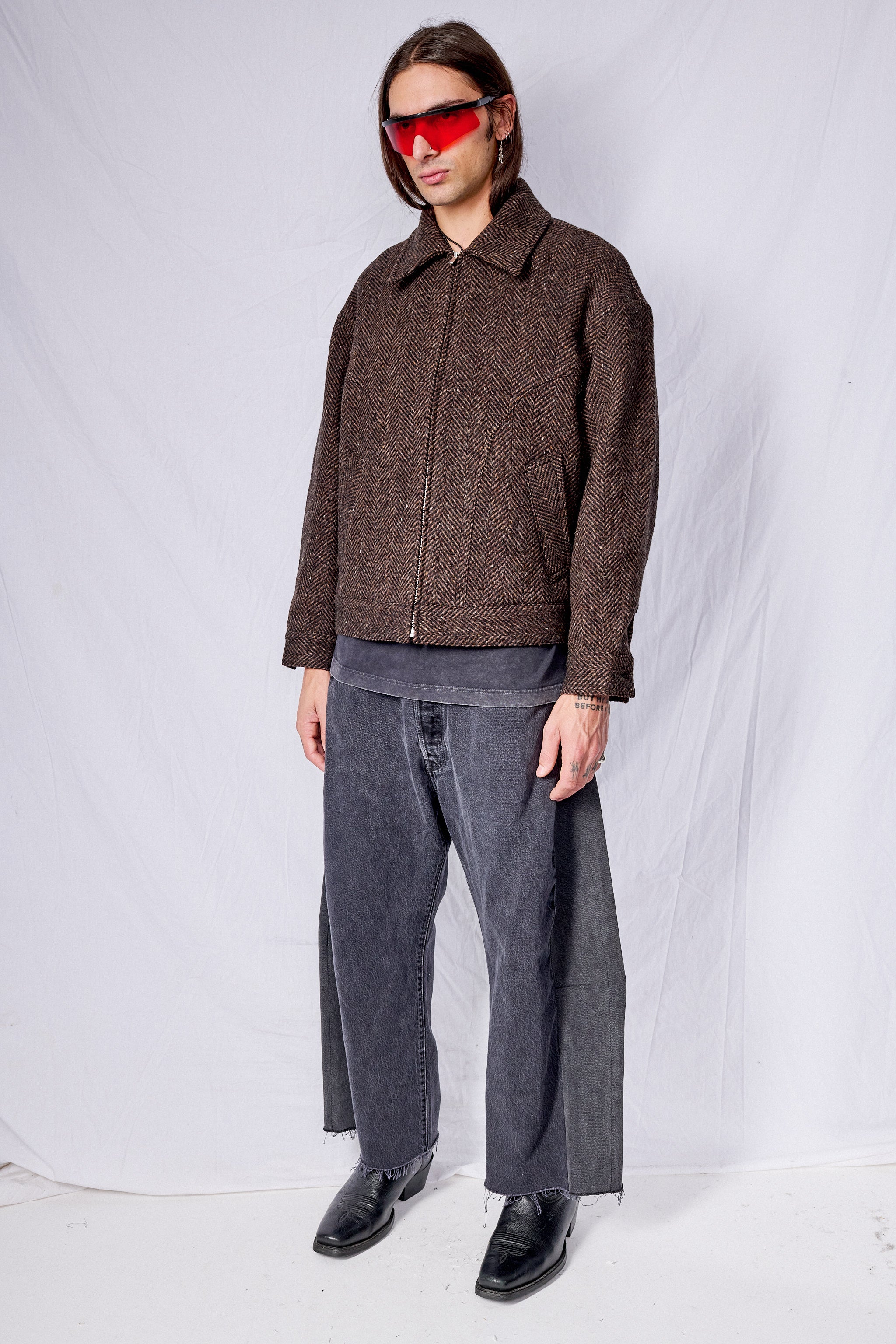 Brown Herringbone Zip Jacket