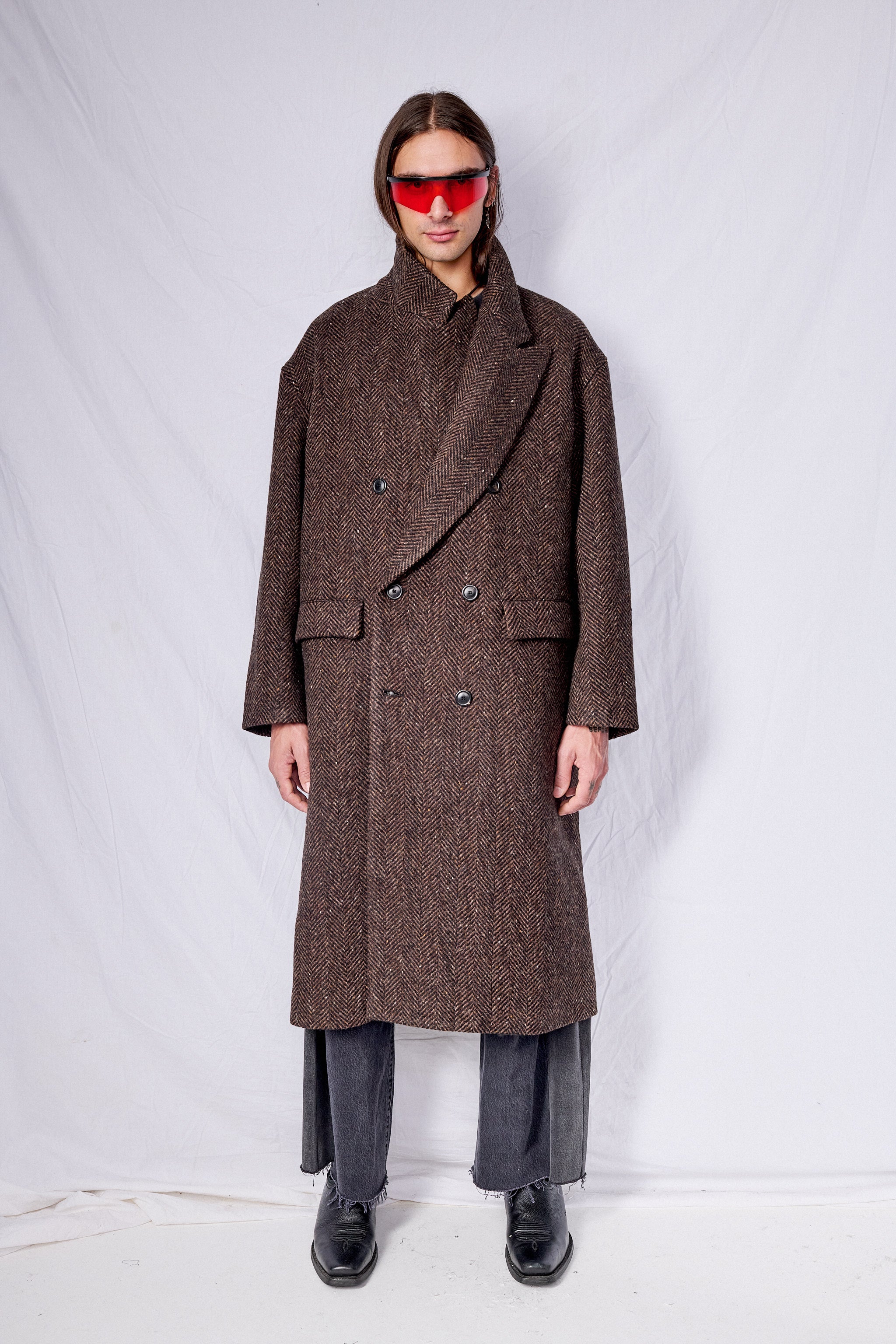 Brown Herringbone Double Breasted Overcoat