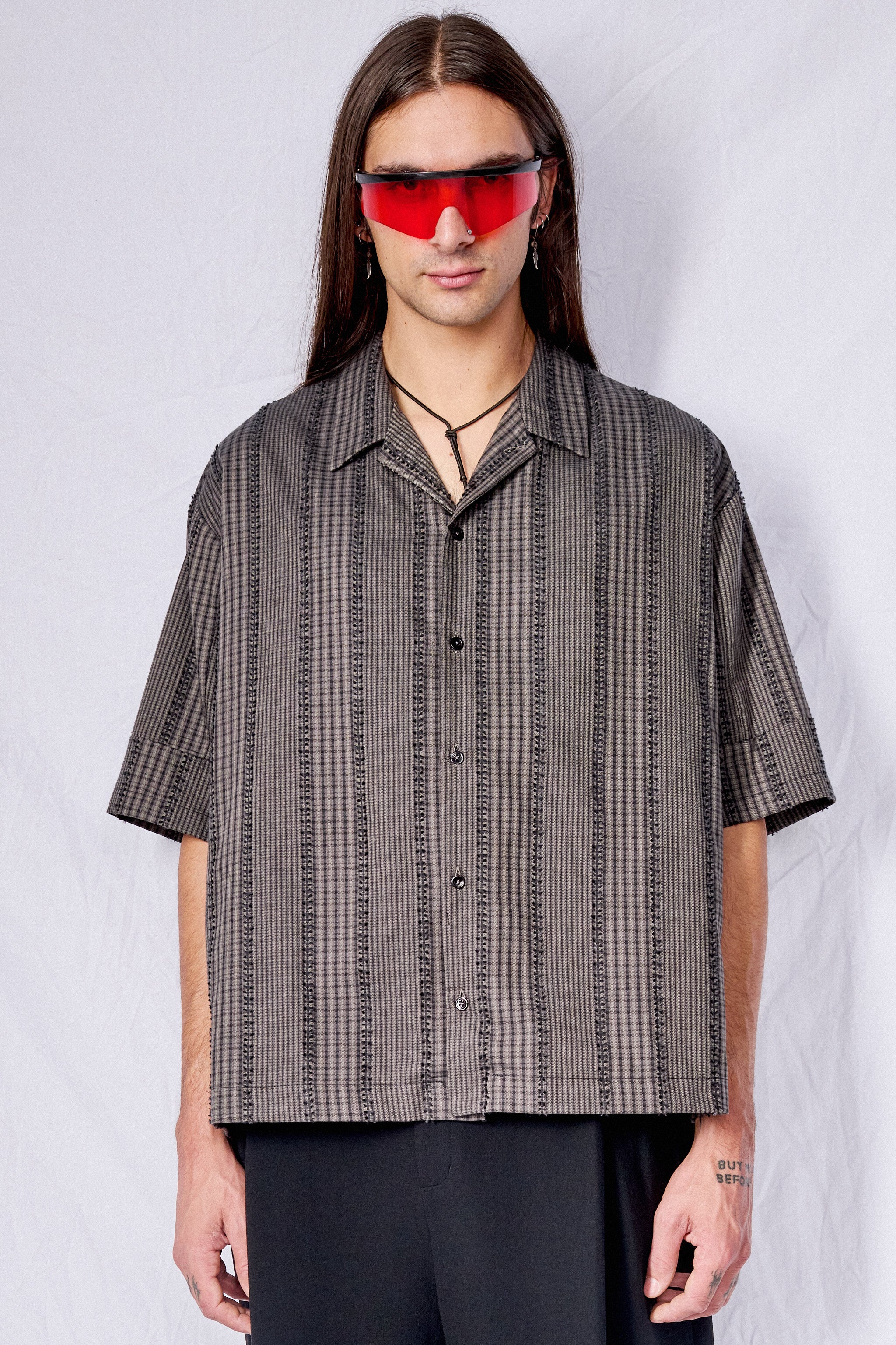 Grey Plaid Fringe Box Shirt
