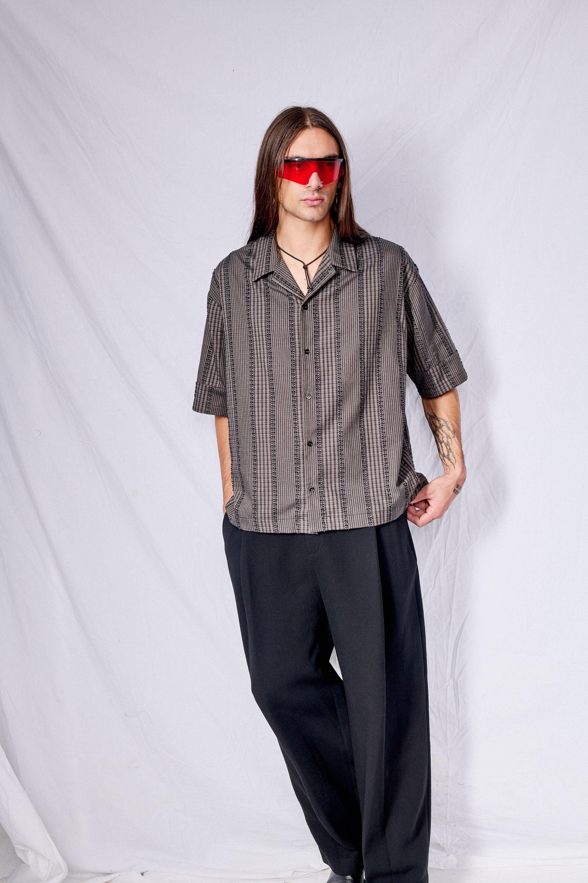 Grey Plaid Fringe Box Shirt