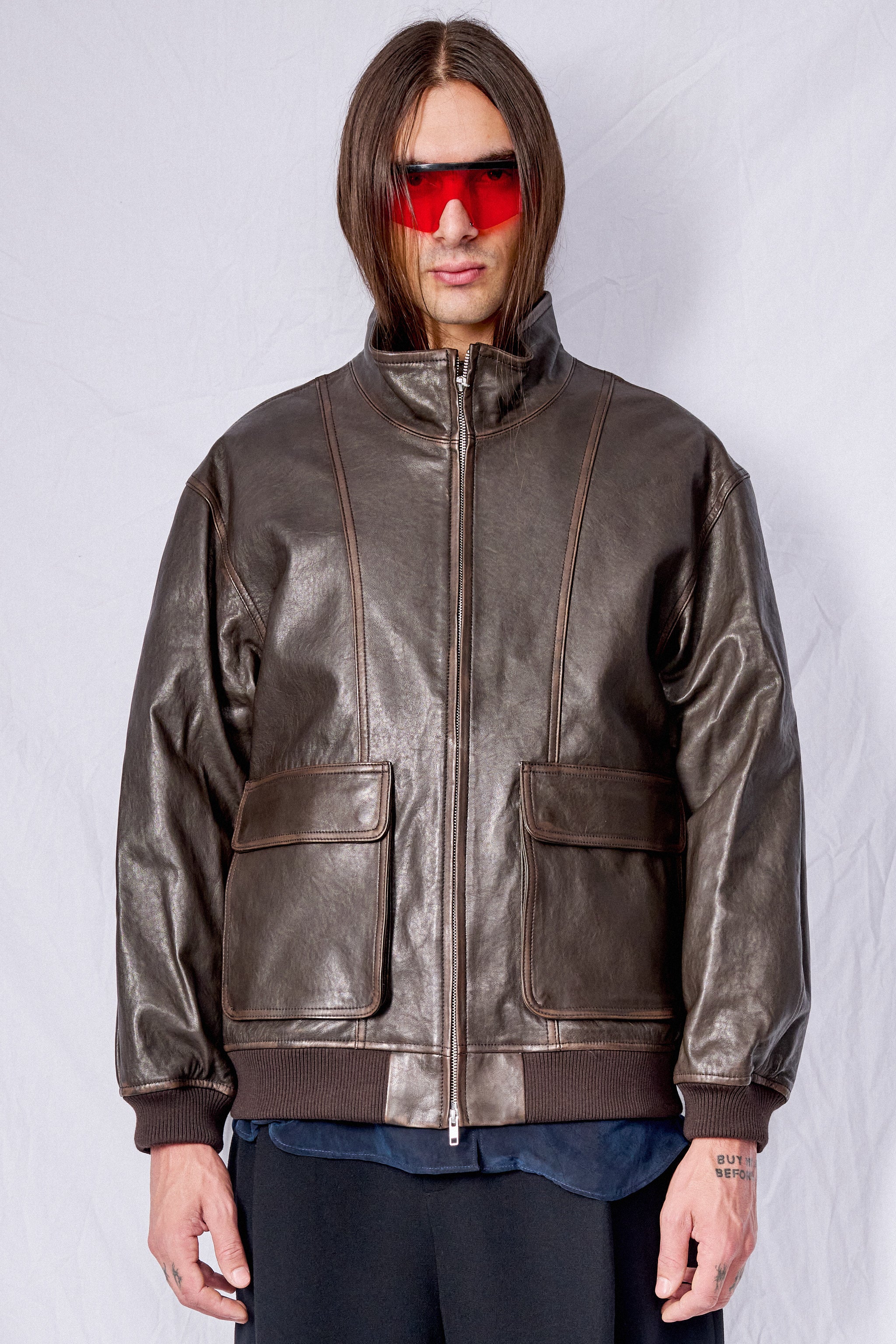 Dark Brown Unisex Stand Collared Leather Blouson - Dunst