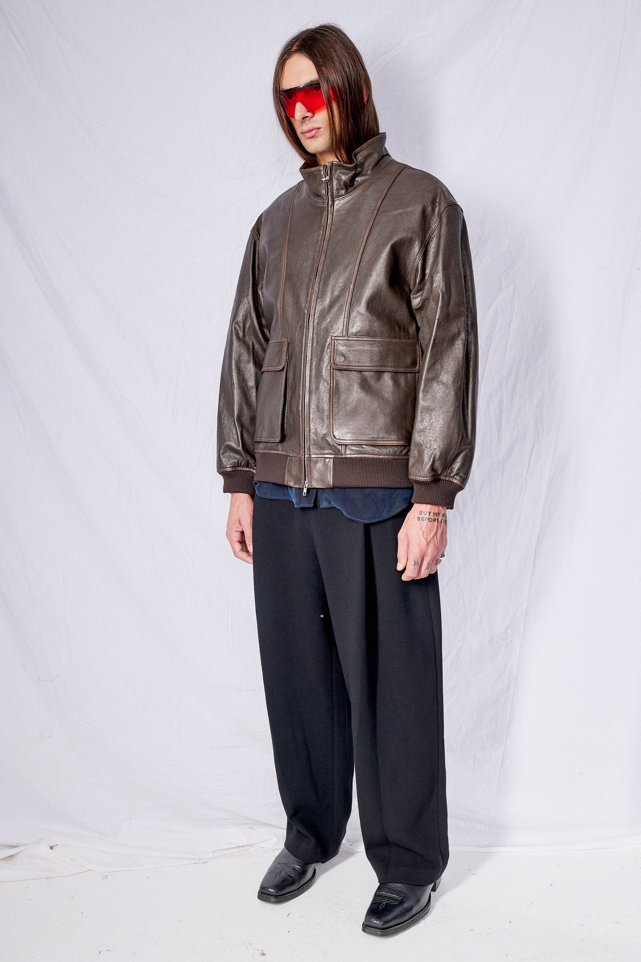 Dark Brown Unisex Stand Collared Leather Blouson
