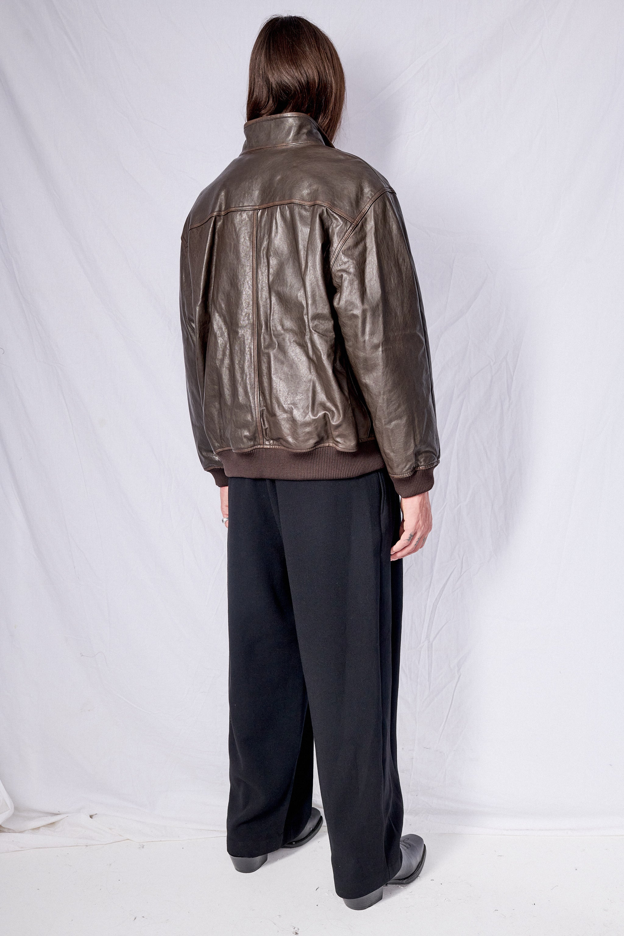 Dark Brown Unisex Stand Collared Leather Blouson
