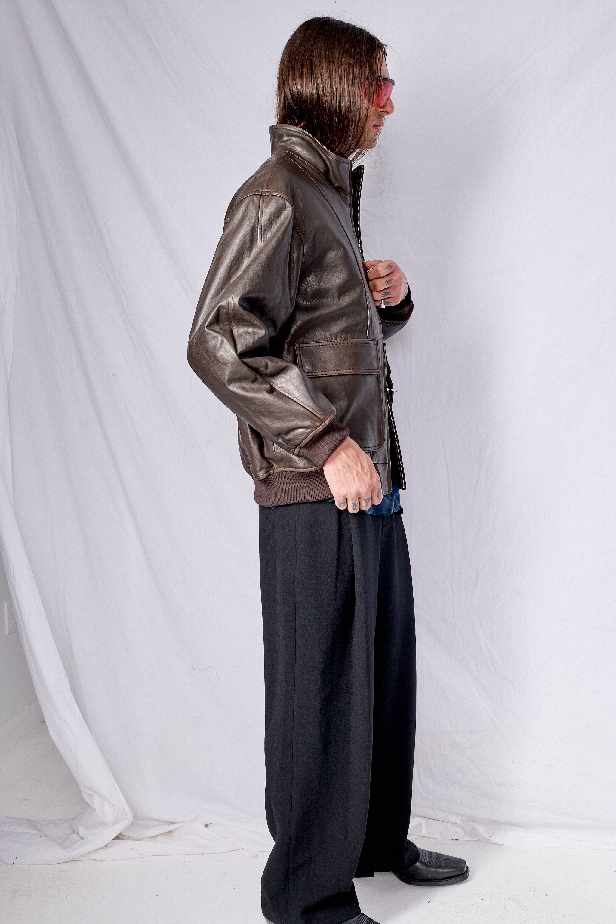 Dark Brown Unisex Stand Collared Leather Blouson