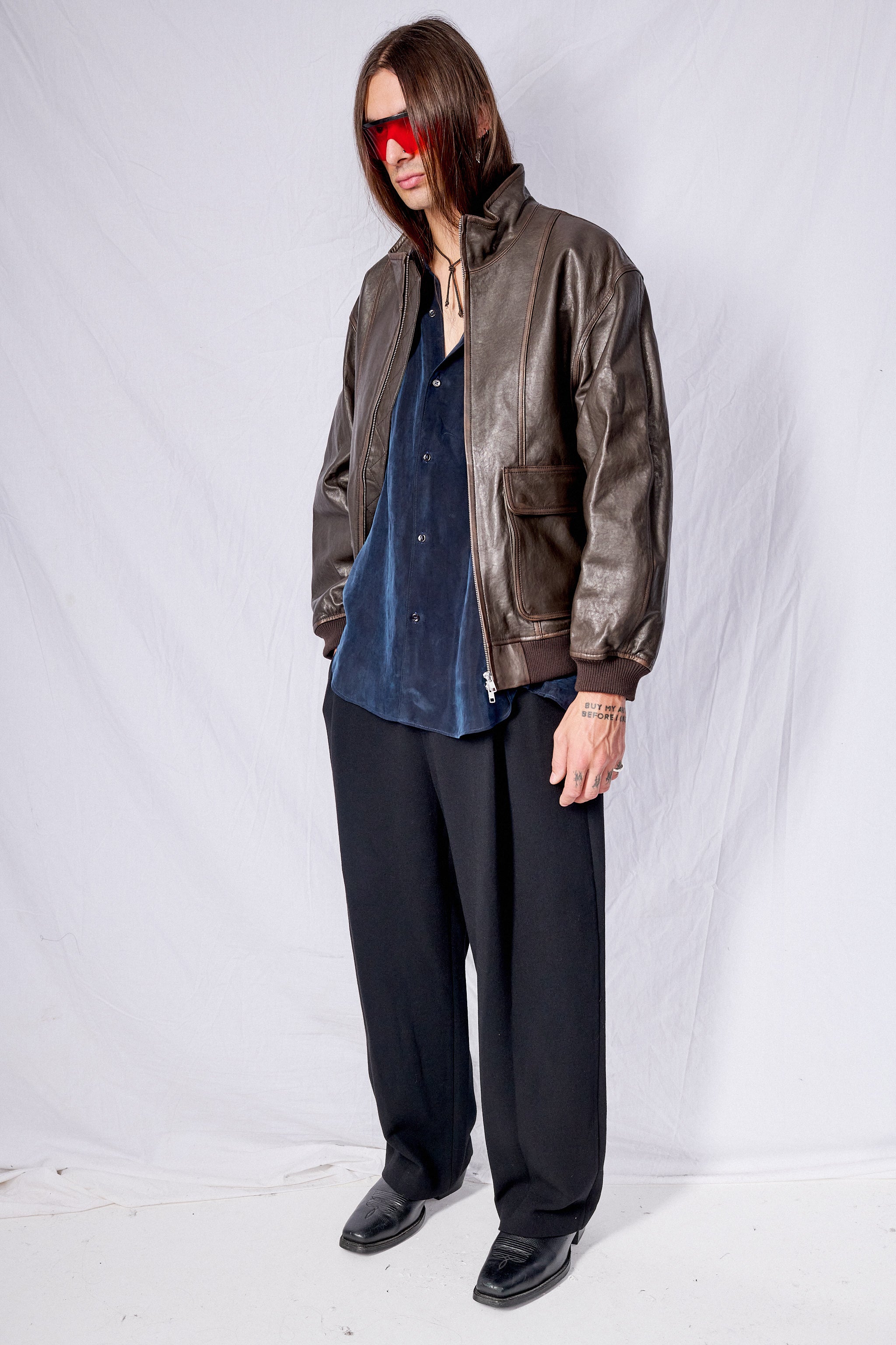 Dark Brown Unisex Stand Collared Leather Blouson