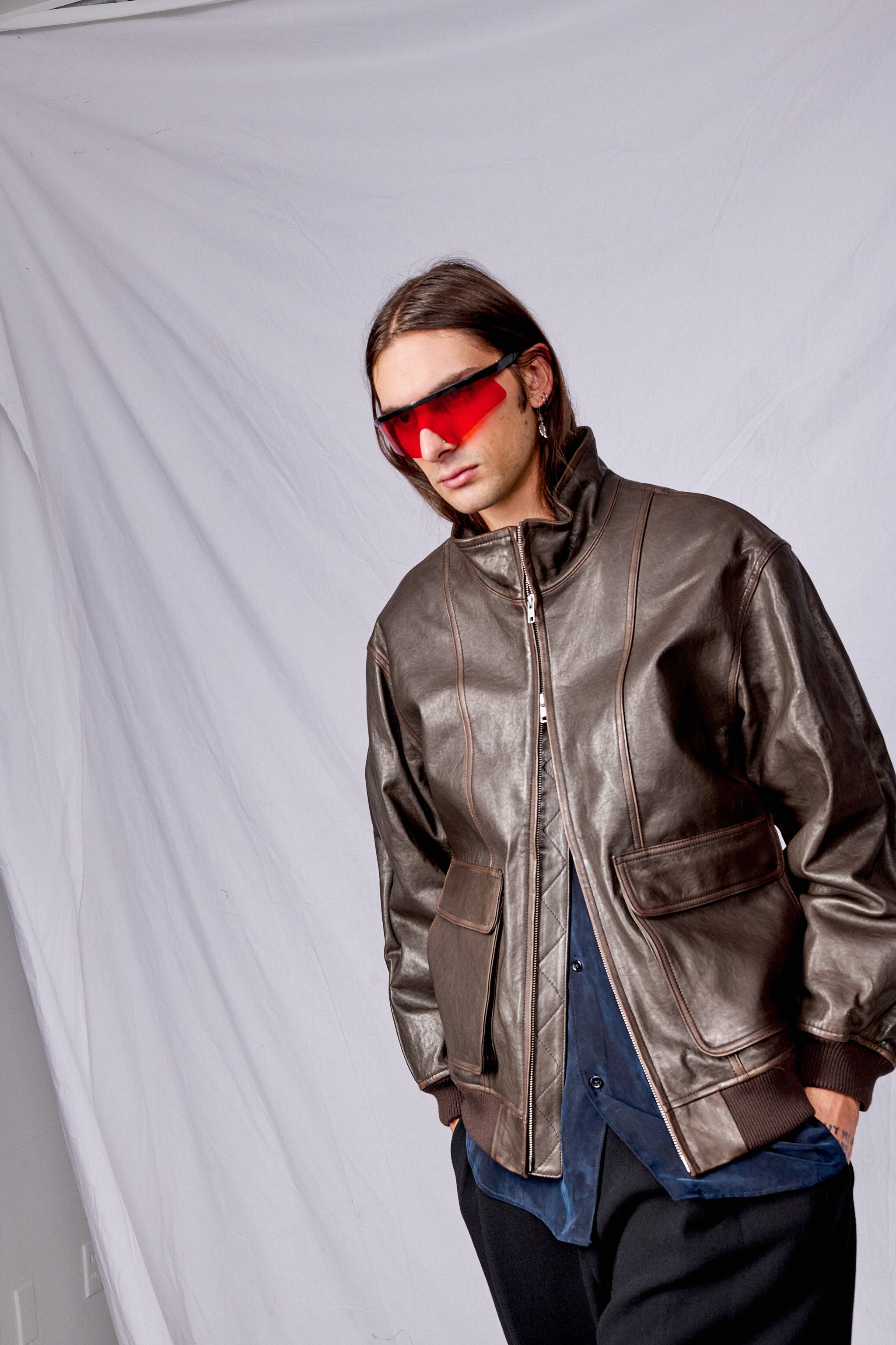Dark Brown Unisex Stand Collared Leather Blouson