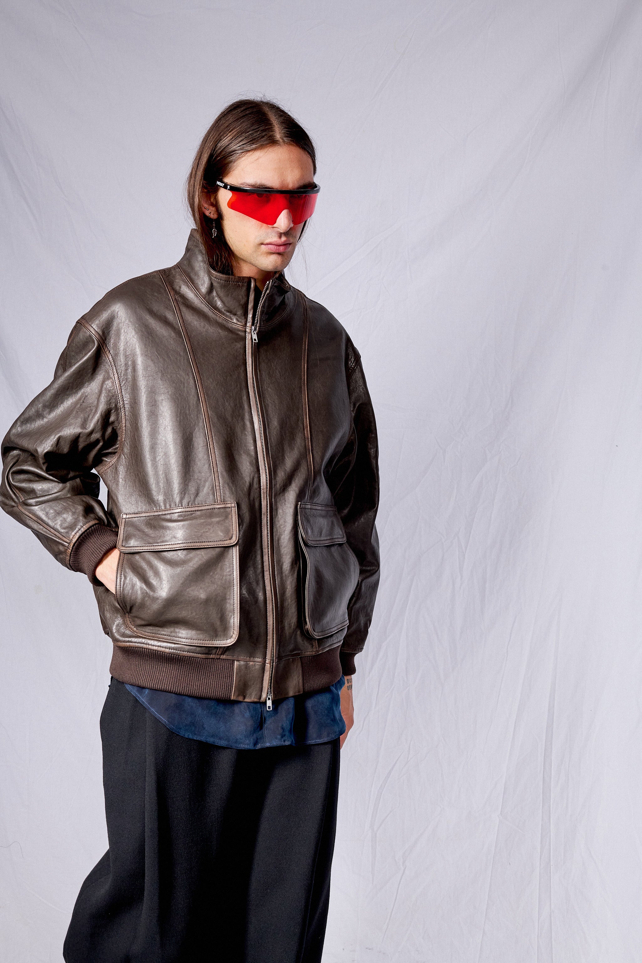 Dark Brown Unisex Stand Collared Leather Blouson