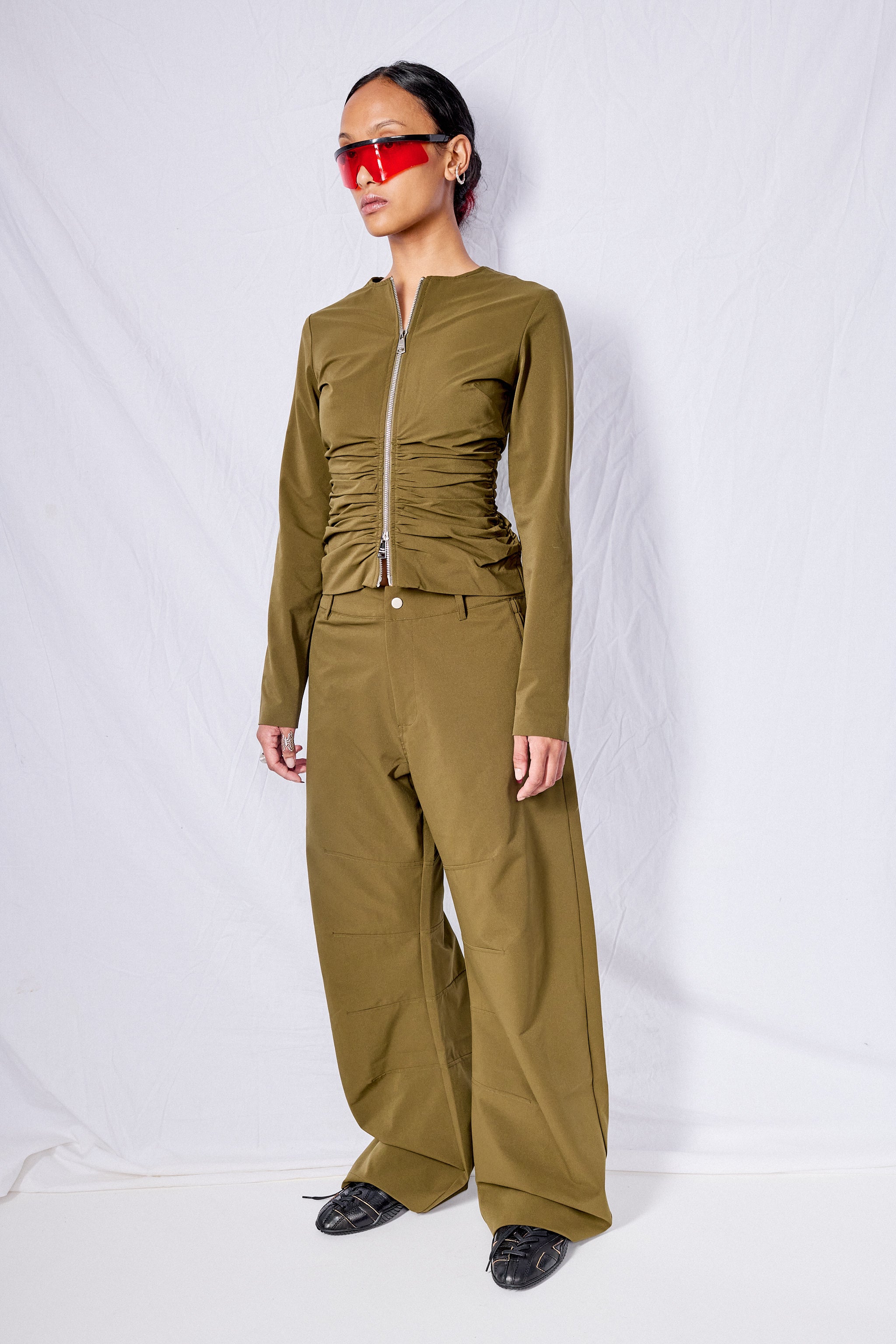 Khaki Zipper Long Sleeve Top