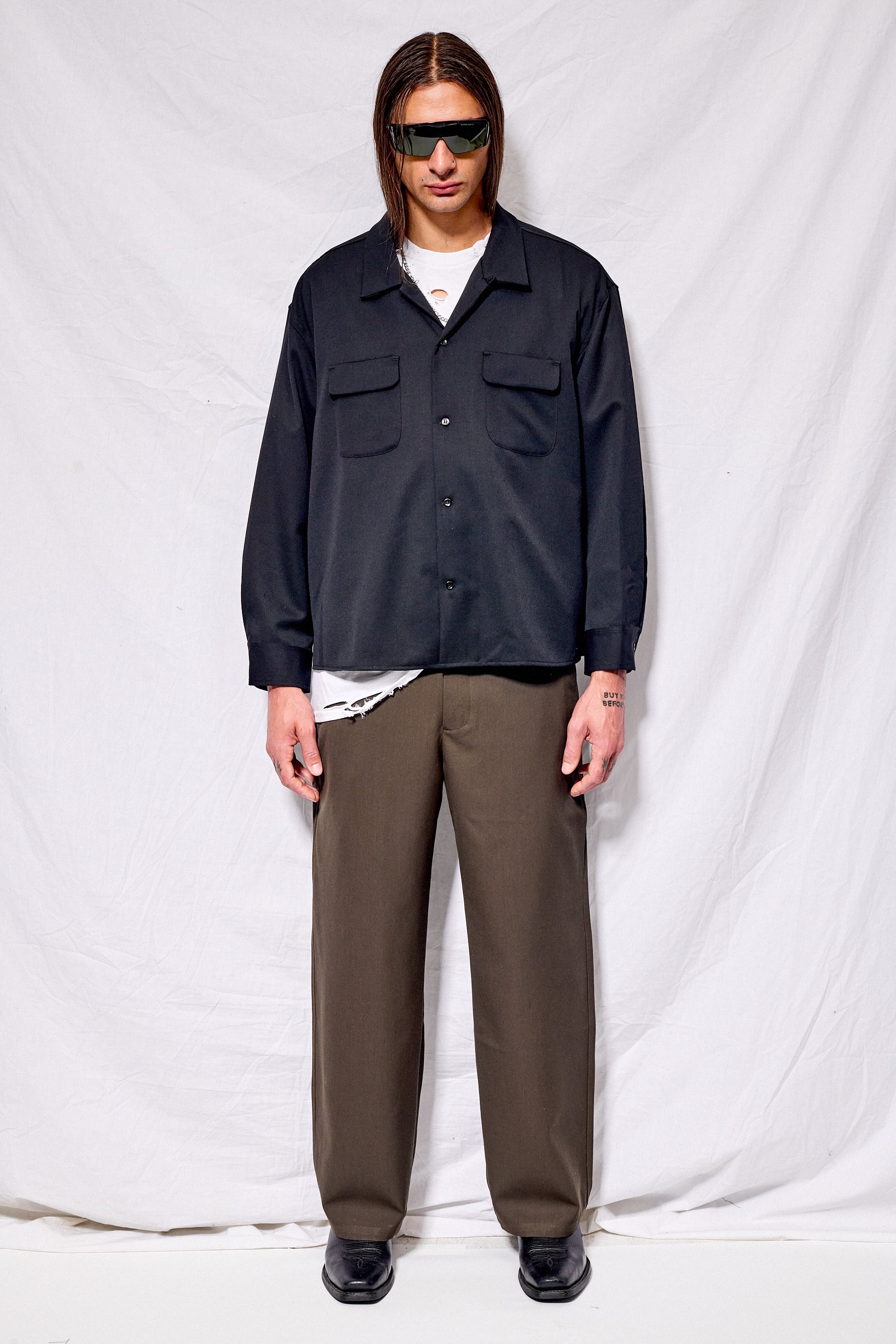 Black Suiting Crop Pocket Shirt