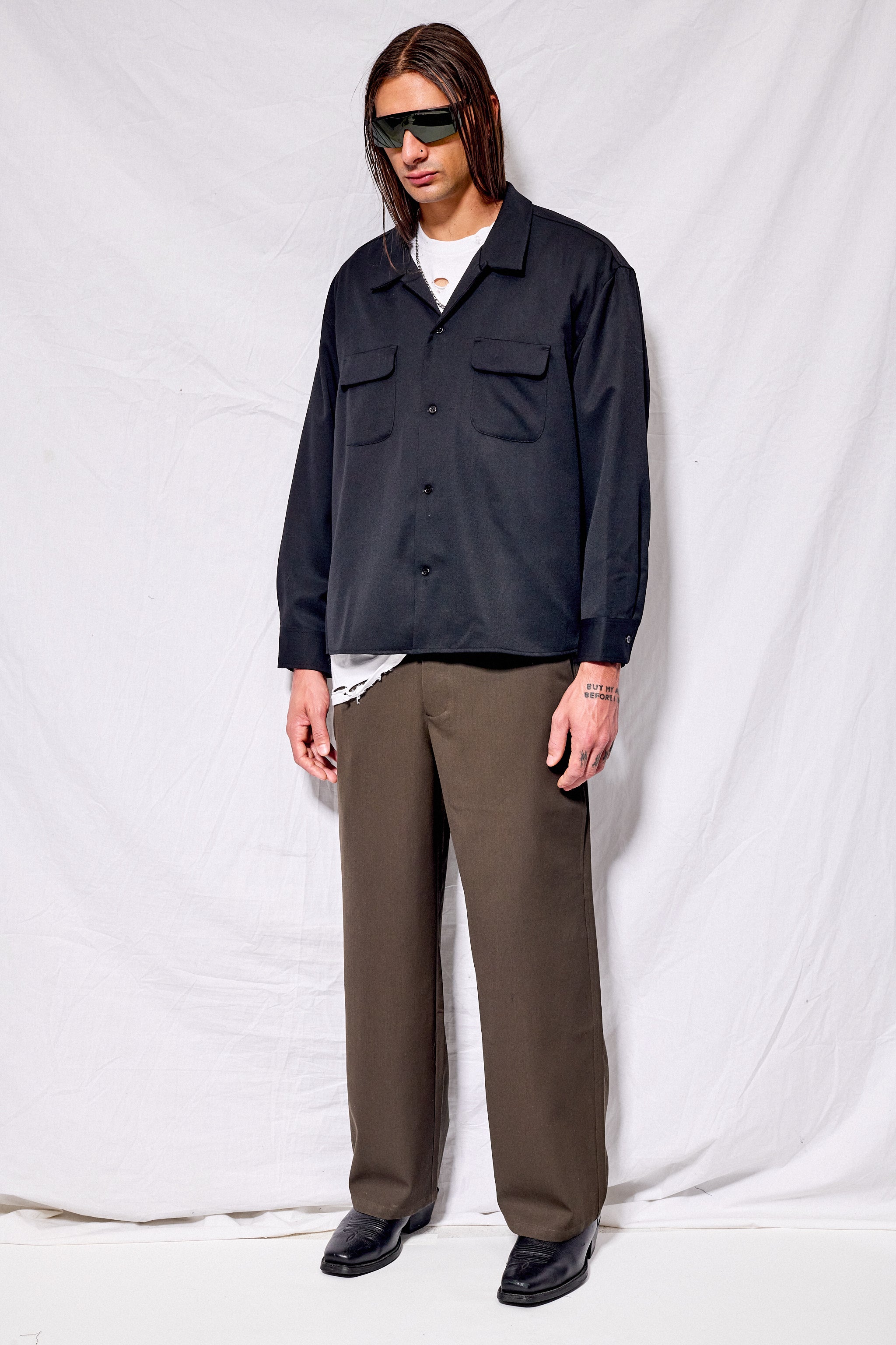 Black Suiting Crop Pocket Shirt