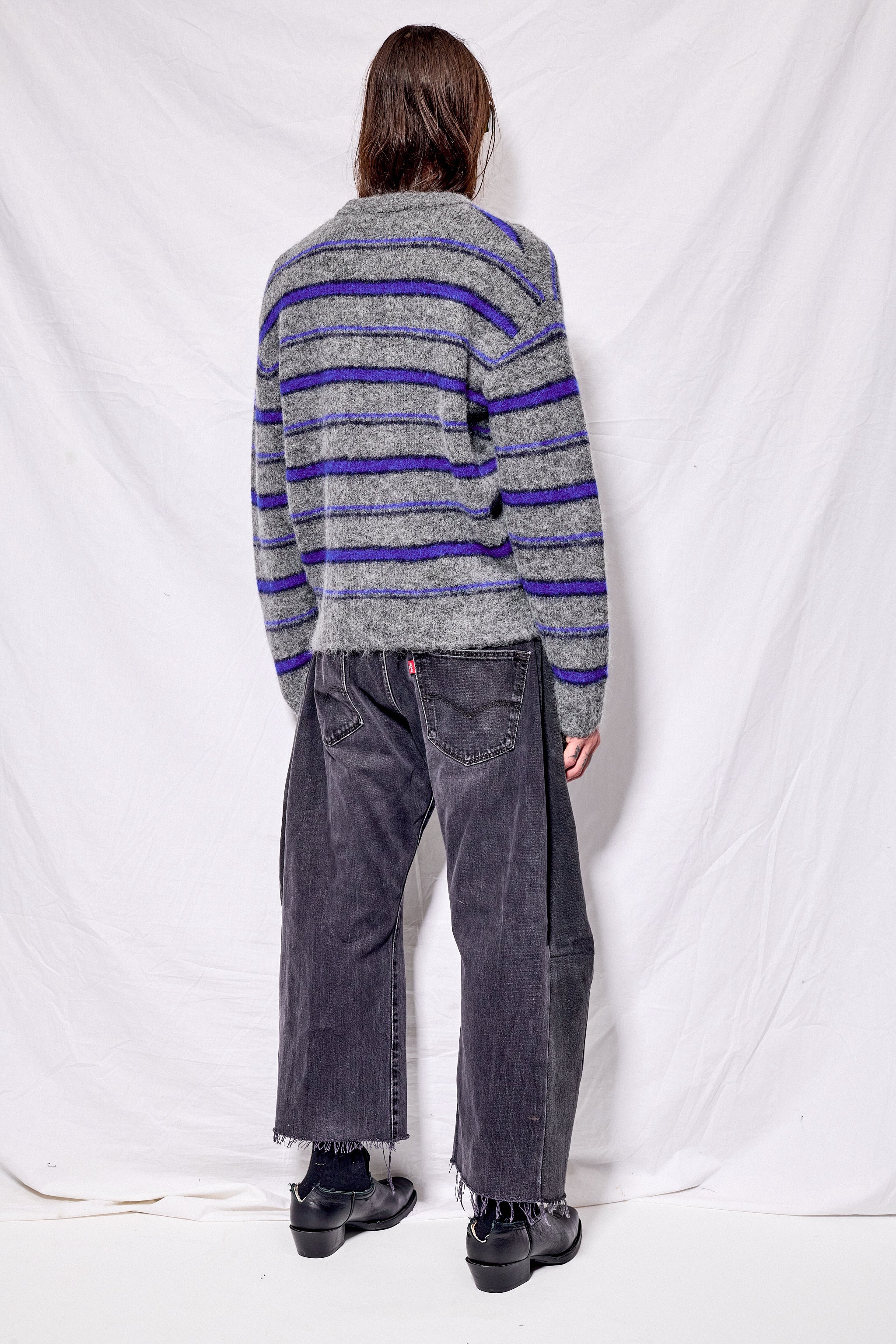 Melange Grey/Blue Unisex Hairly Striped Sweater