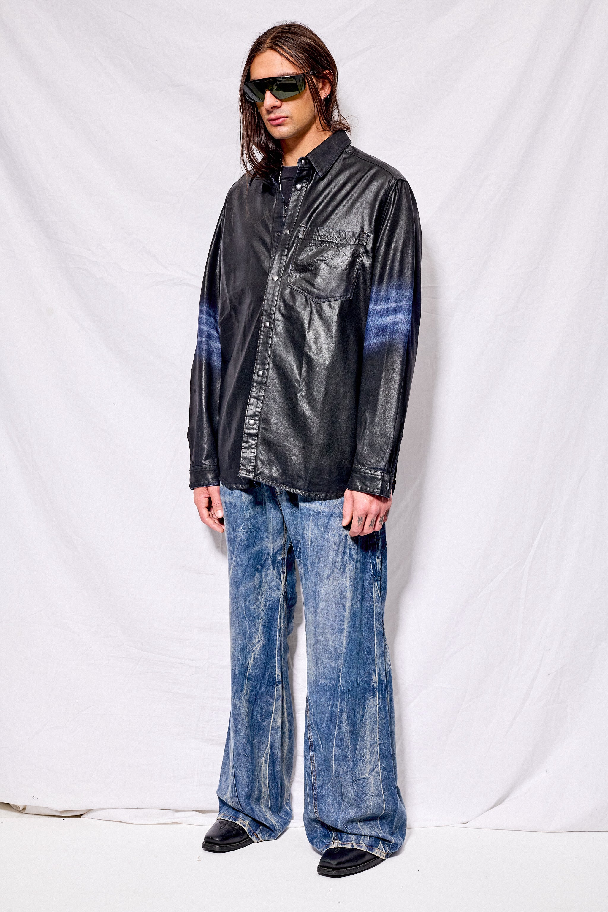 Black Coated Denim Snap Shirt
