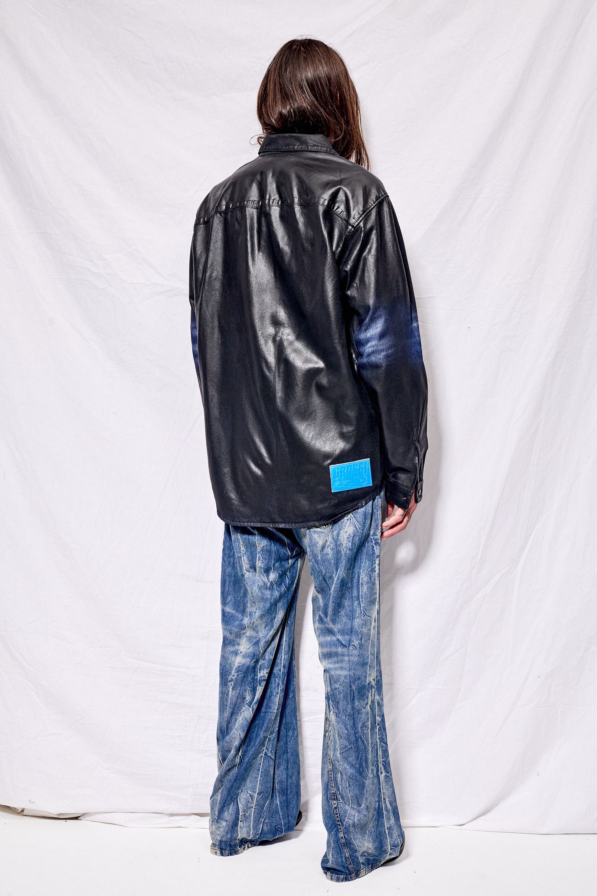 Black Coated Denim Snap Shirt