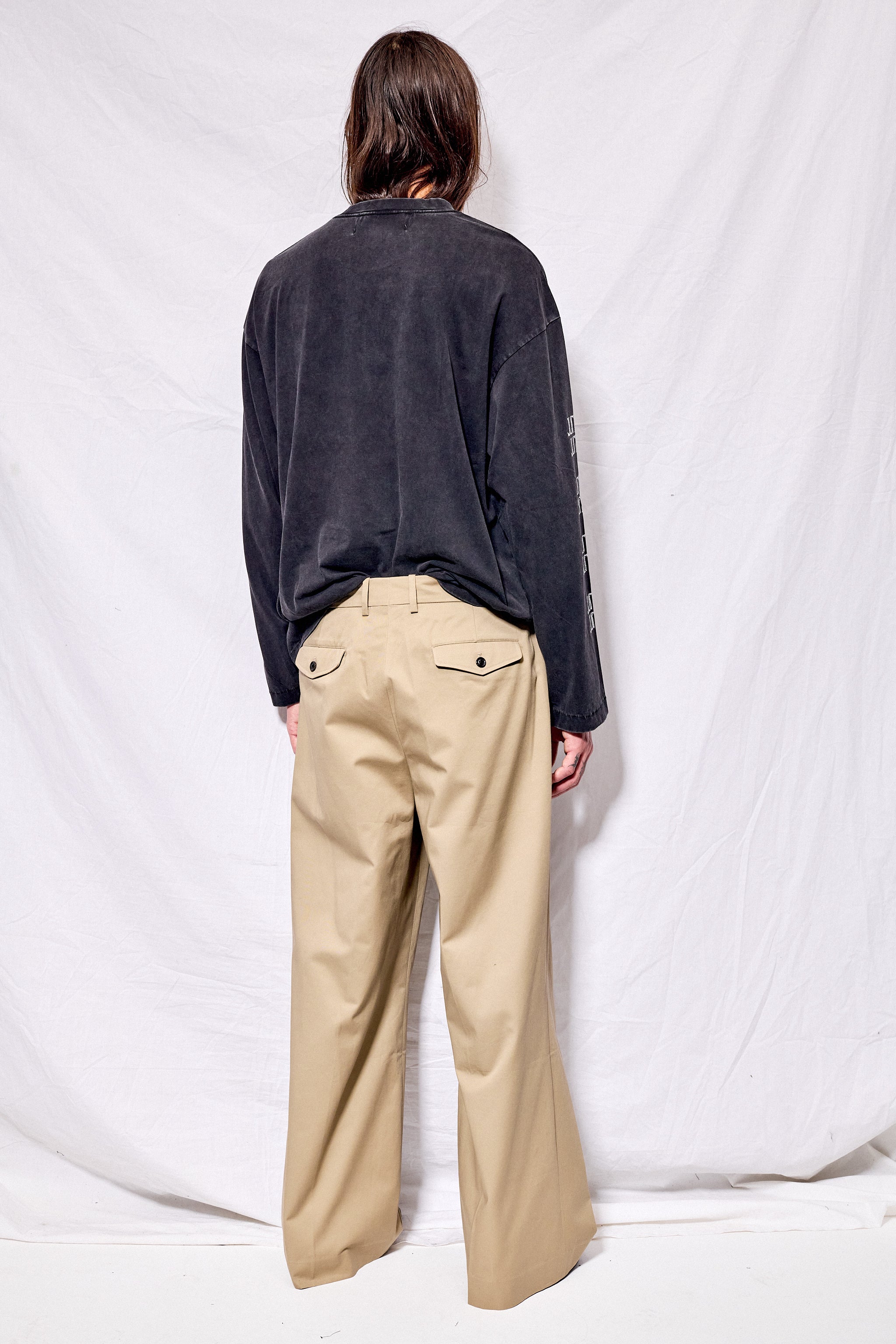 Beige Cotton Dril Wide Leg Pleated Trousers