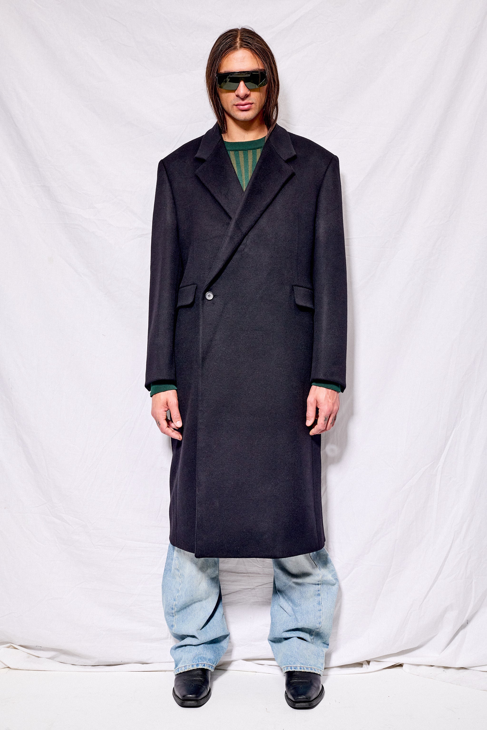 Black Wool and Cashmere Tailored Wrap Coat