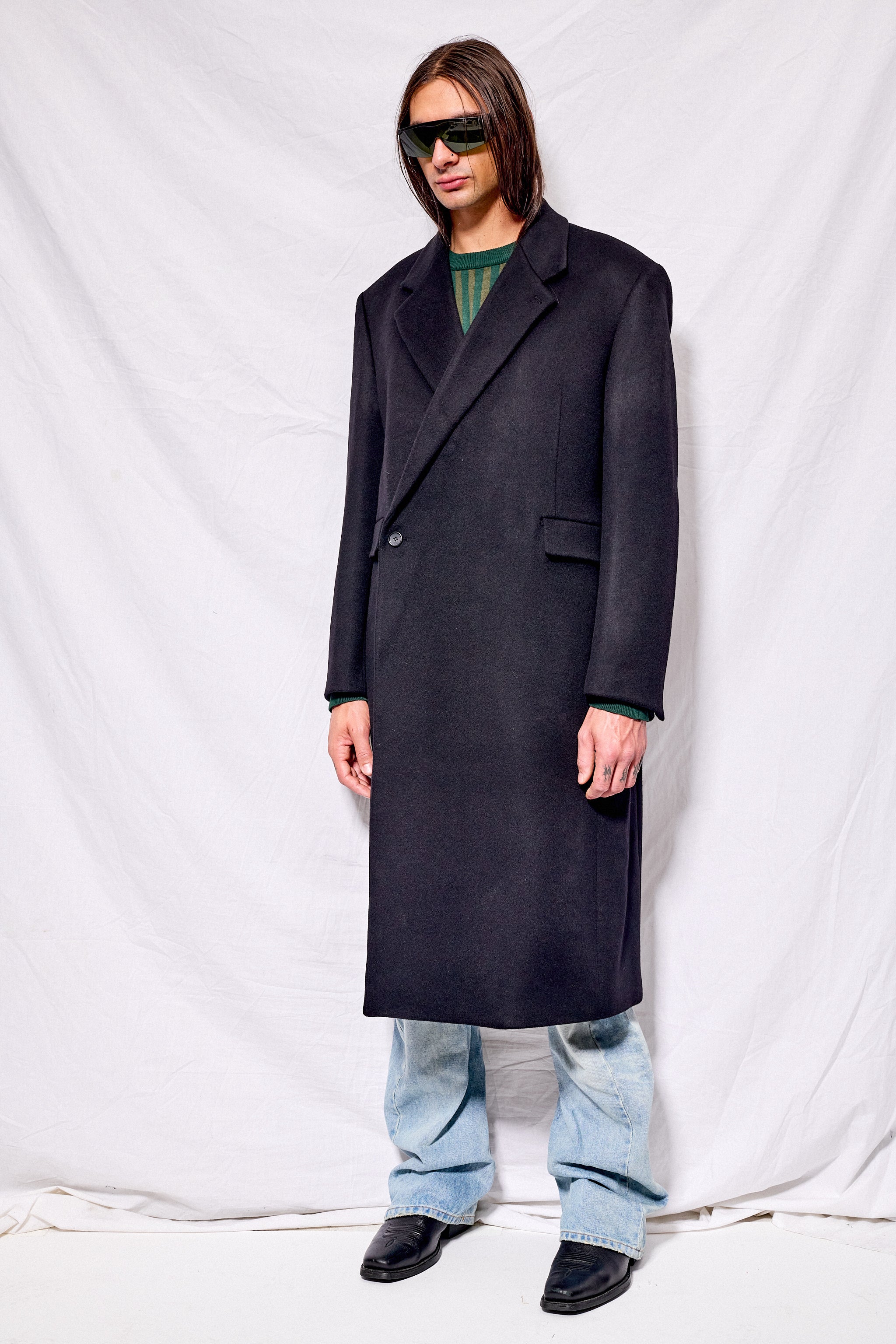 Black Wool and Cashmere Tailored Wrap Coat