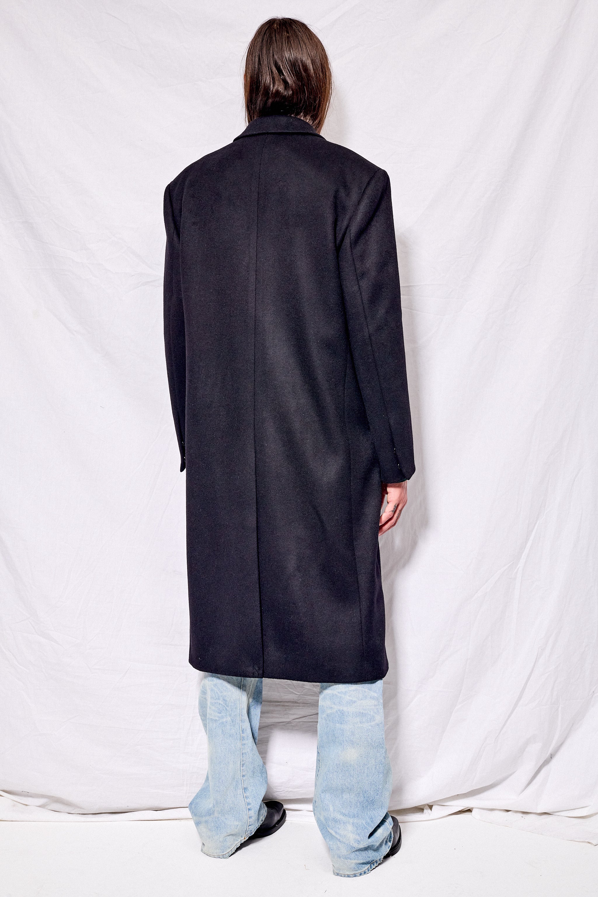 Black Wool and Cashmere Tailored Wrap Coat
